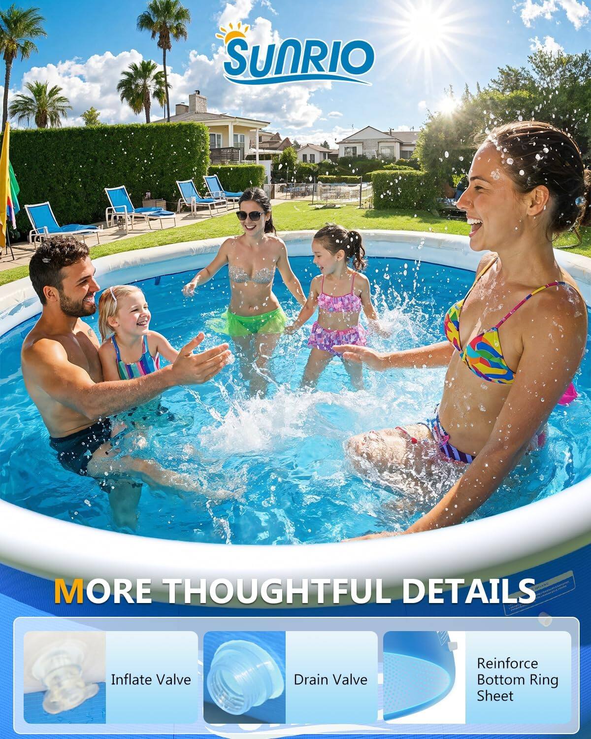 The text in the image should be grouped and corrected as follows:

- **Sunrio**
- **More Thoughtful Details**
  - Inflate Valve
  - Drain Valve
  - Reinforce Bottom Ring Sheet