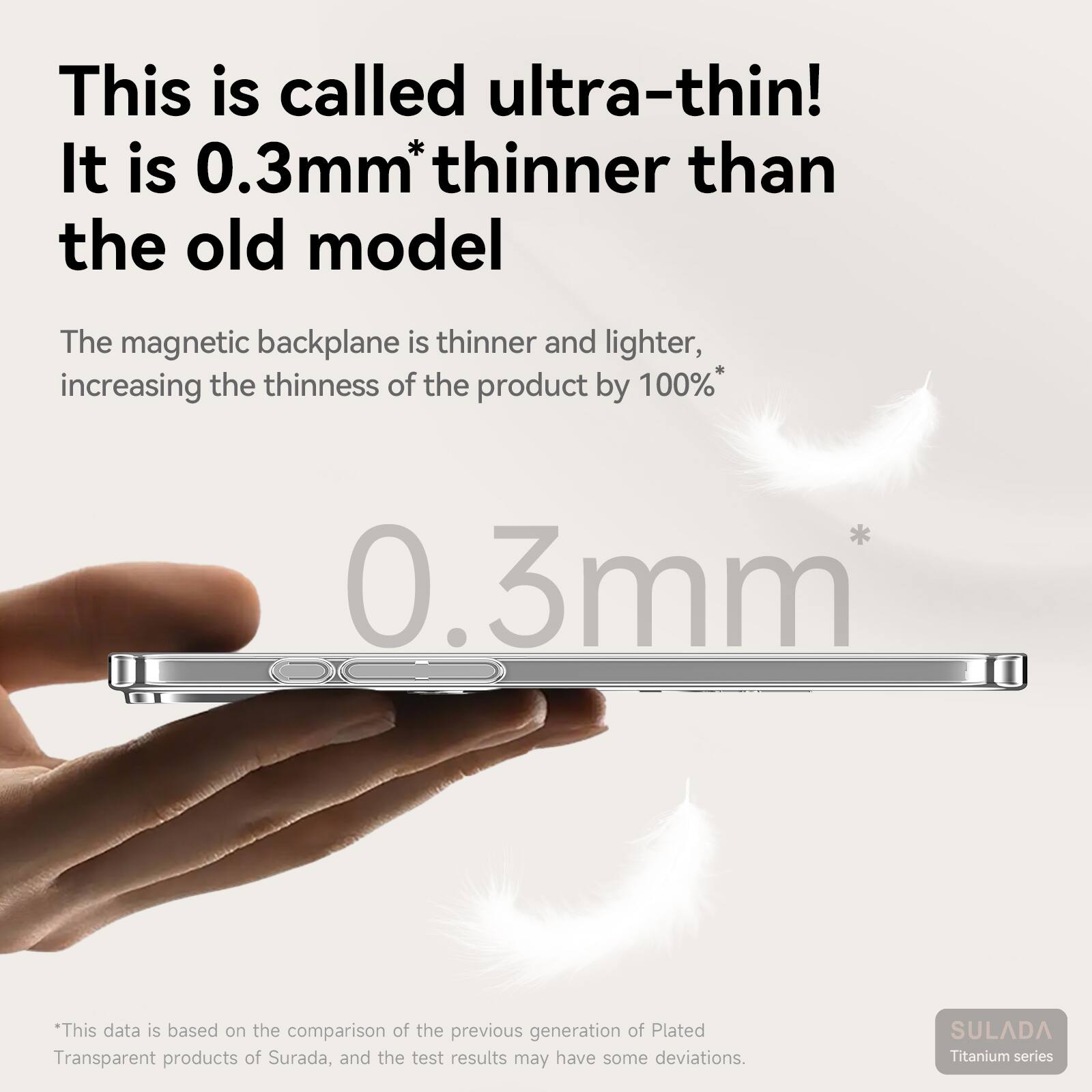 This is called ultra-thin! It is 0.3mm* thinner than the old model

The magnetic backplane is thinner and lighter, increasing the thinness of the product by 100%*

0.3mm

*This data is based on the comparison of the previous generation of Plated Transparent products of Surada, and the test results may have some deviations.

SULADA Titanium series