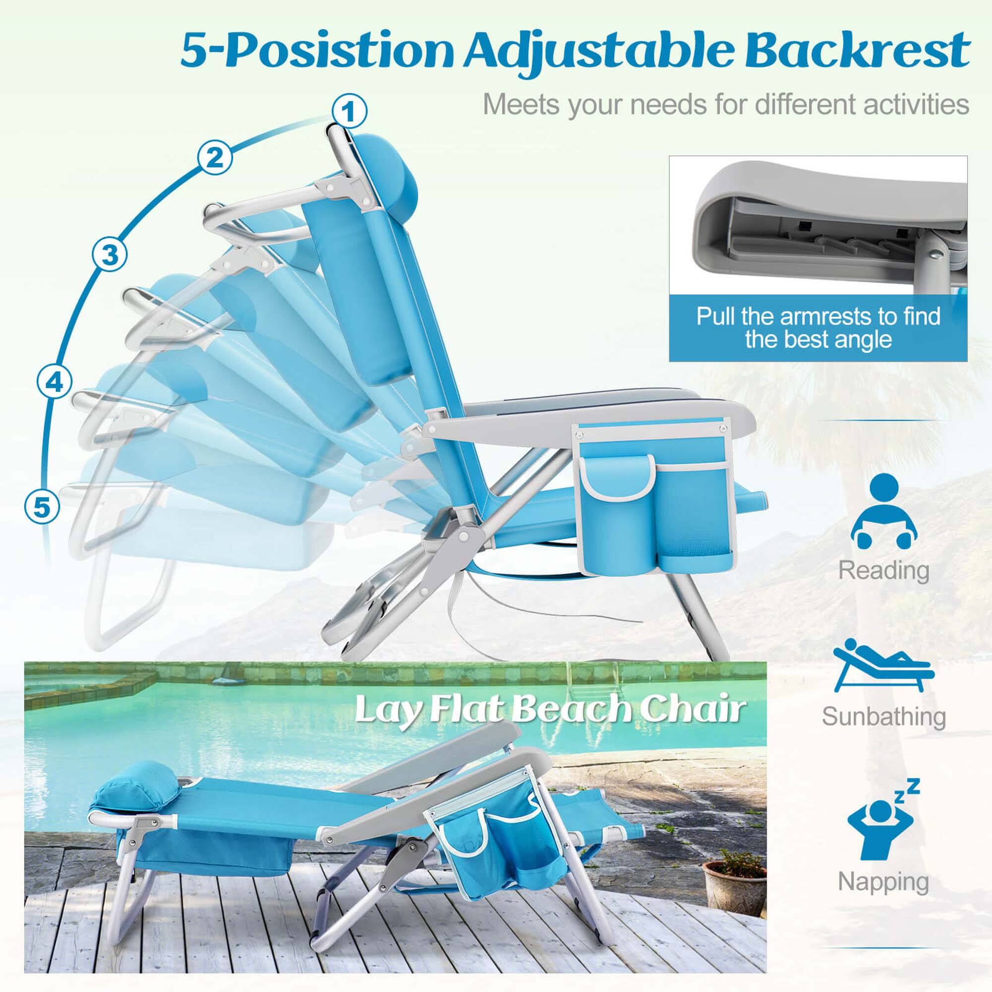 5-Posistion Adjustable Backrest 1 Meets your needs for different activities 2 3 4 Pull the armrests to find the best angle 5 Reading Lay Flat Beach Chair Sunbathing Z Z Napping