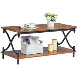 SlickBlue - Modern Industrial Coffee Table with Wood Top and Bottom Storage Shelf - Brown