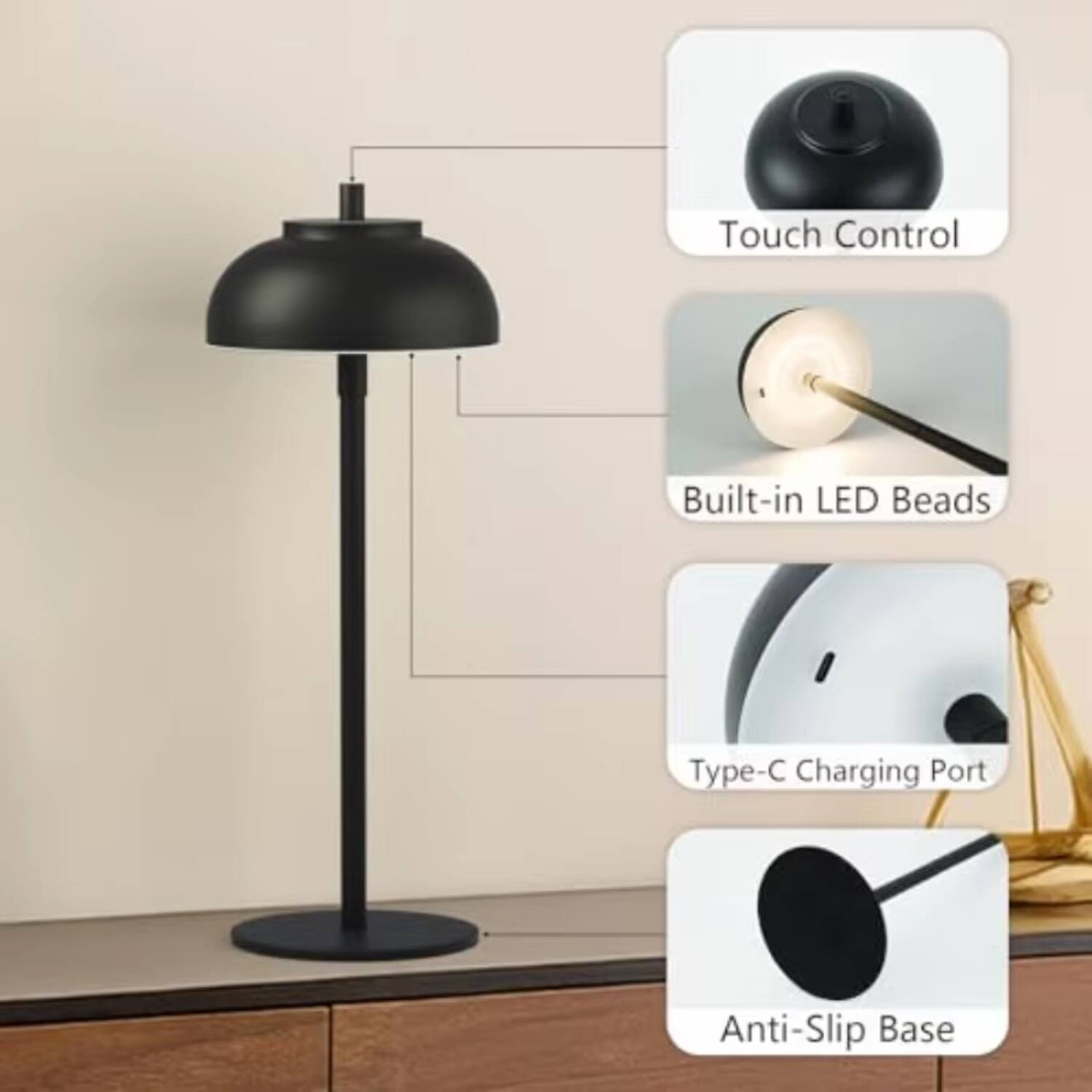 Touch Control  
Built-in LED Beads  
Type-C Charging Port  
Anti-Slip Base