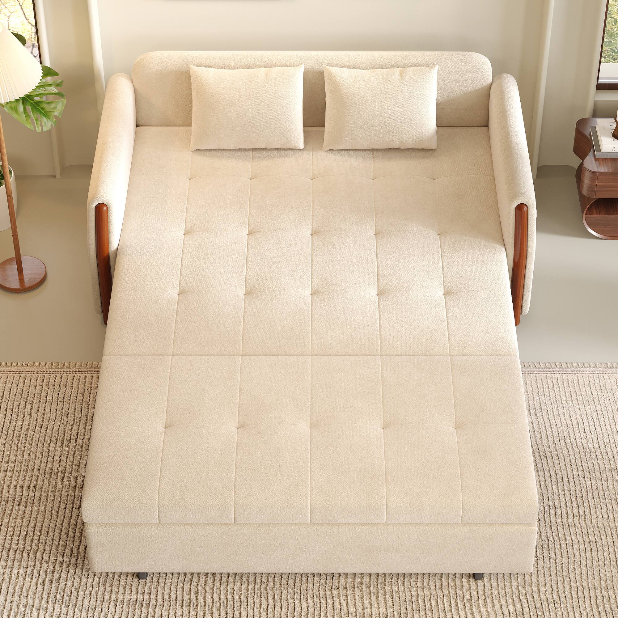 Alt View 2. luck idea - Beige 2 Seater Pull Out Sofa Bed with Storage, Wooden Arm Convertible Loveseat Sleeper Couch for Small Space - white.