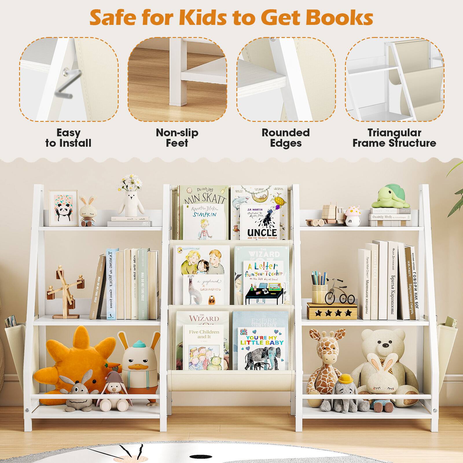 Safe for Kids to Get Books

- Easy to Install
- Non-slip Feet
- Rounded Edges
- Triangular Frame Structure

MIN SKATT  
Auntie's  
SIMPKIN

WIZARD  
Five Children and It

A Letter  
from Your Teacher

YOU'RE MY  
LITTLE BABY