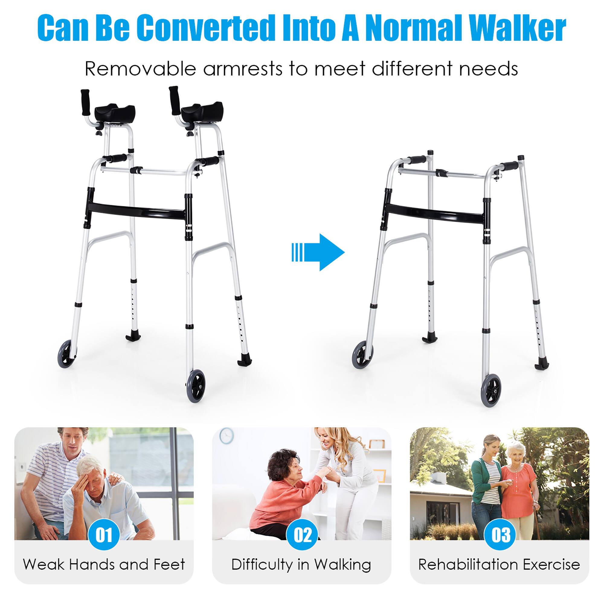 Can Be Converted Into A Normal Walker
Removable armrests to meet different needs
01 Weak Hands and Feet
02 Difficulty in Walking
03 Rehabilitation Exercise