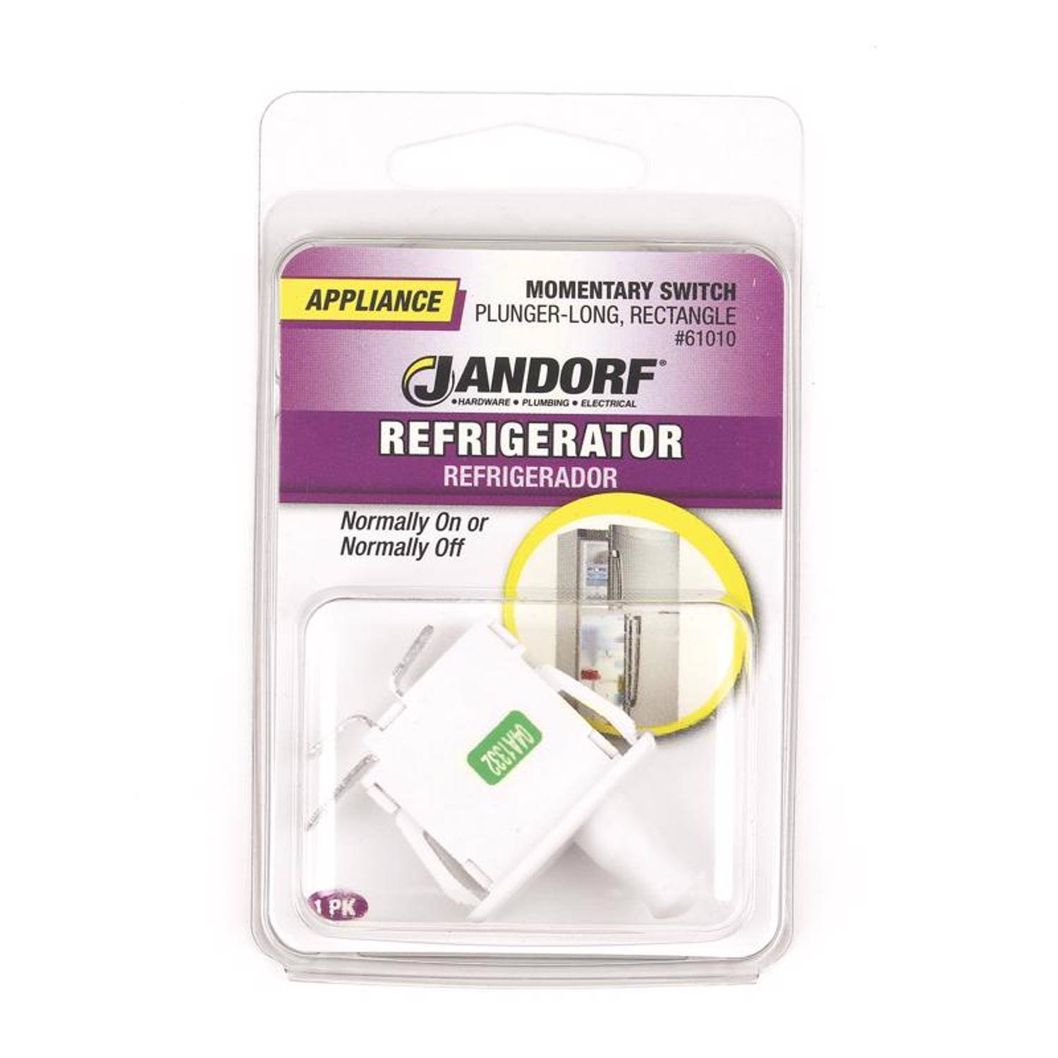MOMENTARY SWITCH  
APPLIANCE PLUNGER-LONG, RECTANGLE #61010  
ANDORF HARDWARE  
PLUMBING • ELECTRICAL  
REFRIGERATOR  
REFRIGERADOR  
Normally On or Normally Off  
04A1332  
1 K  
1 PK