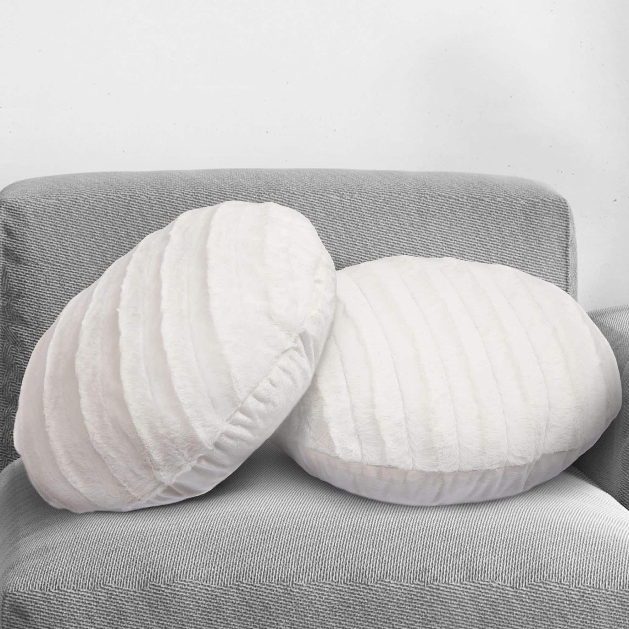 Cheer Collection - Round Faux Fur Throw Pillow Set of 2 Soft Decorative Accent Cushions - White