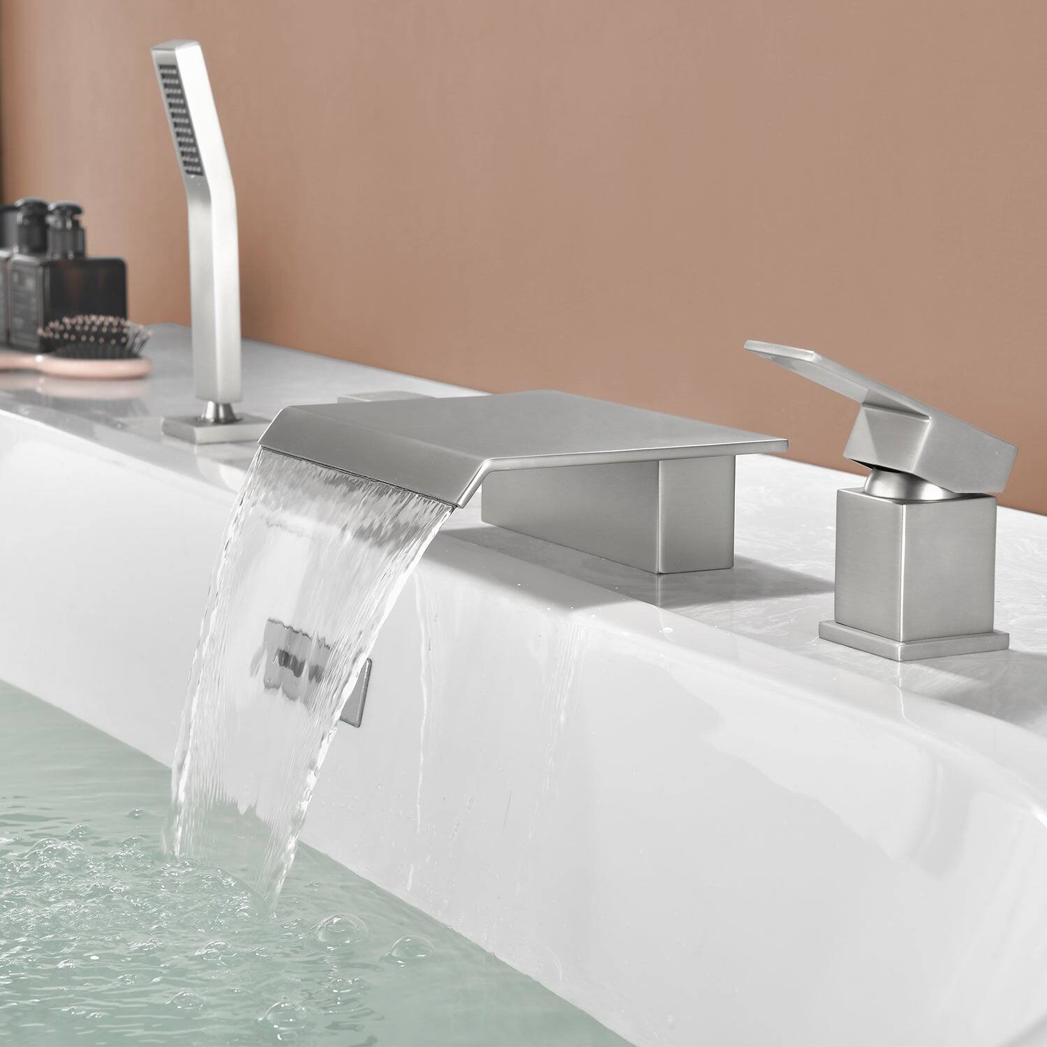 Alt View 9. Boyel Living - Brushed Nickel Polygonal Bathtub Faucet with Handheld Shower and Waterfall Outlet Cold and Hot Dual Control - Brushed Nickel.