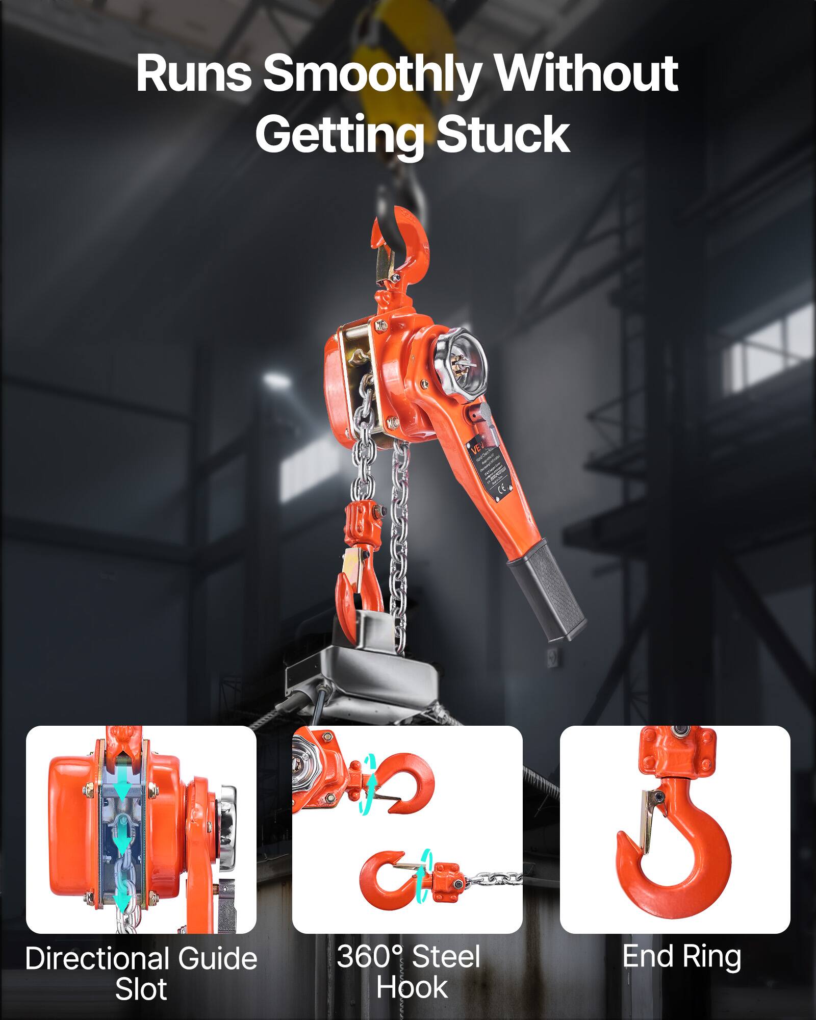 Runs Smoothly Without Getting Stuck

- Directional Guide Slot
- 360° Steel Hook
- End Ring