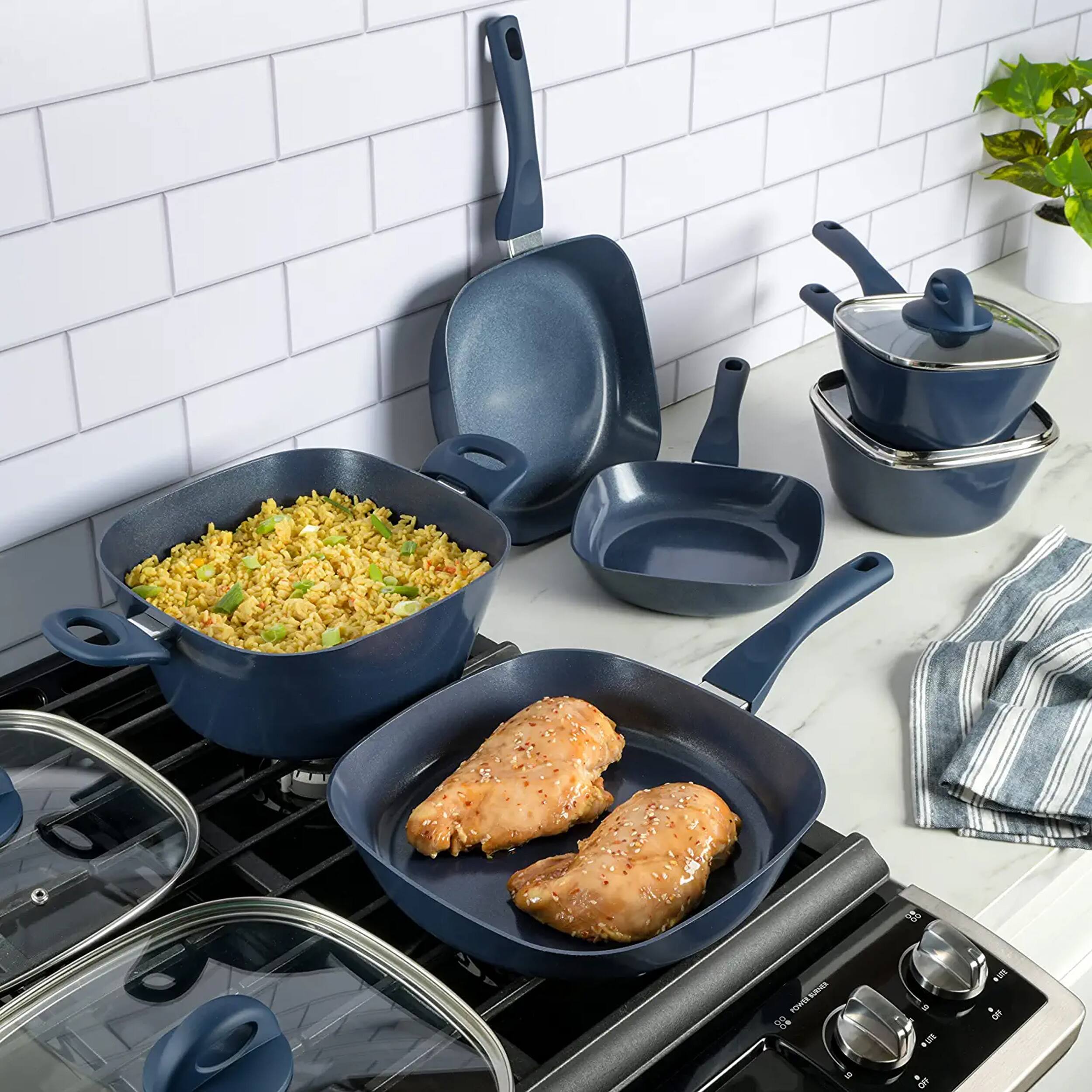 Alt View 5. Gibson - Soho Lounge Diamond 10 Piece Ceramic Nonstick Aluminum Cookware Set in Blue - Blue.