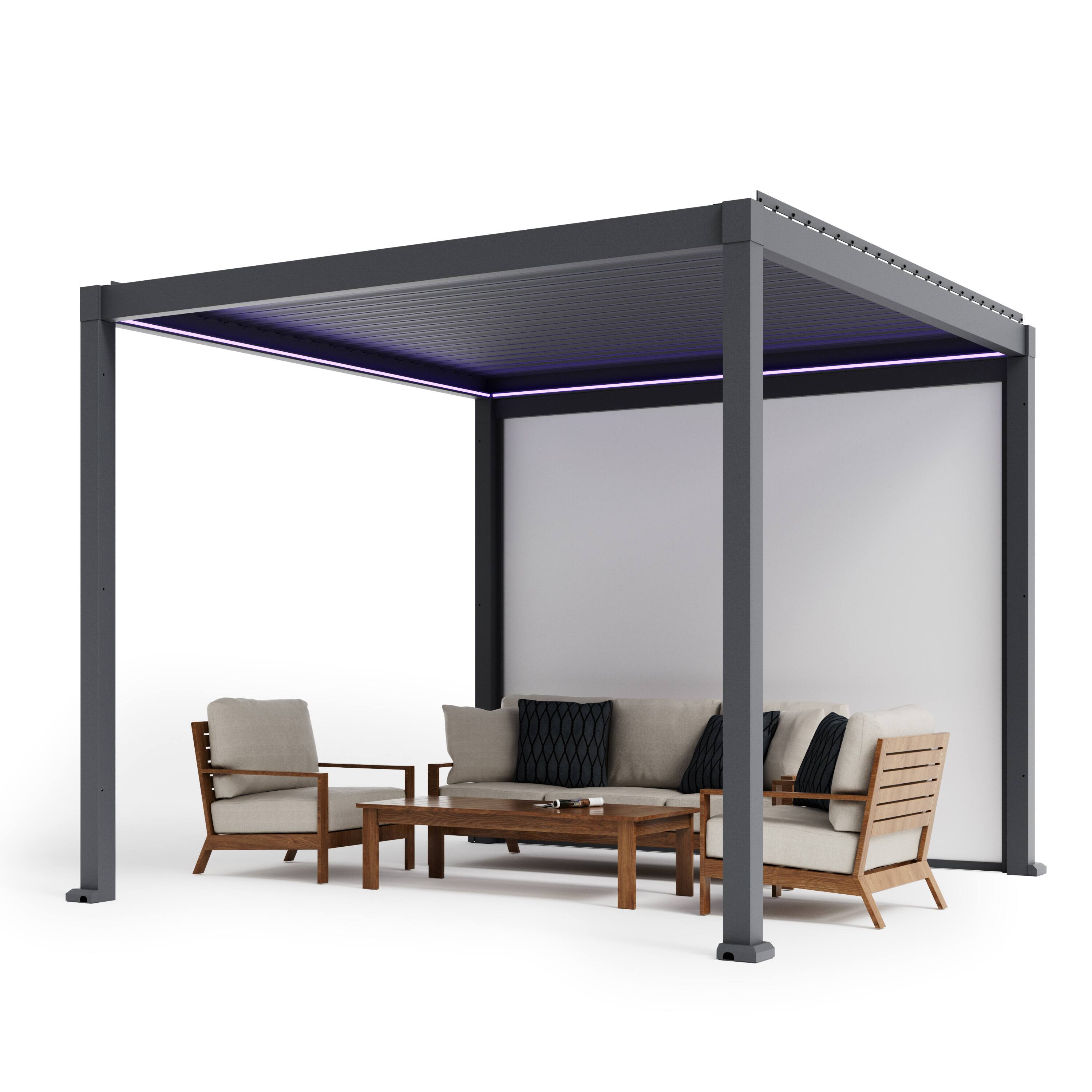Back. Mondawe - 10x10FT Electric Aluminum Louver Pergola with LED Lights and Motorized Outdoor Projector Screen - Gray.