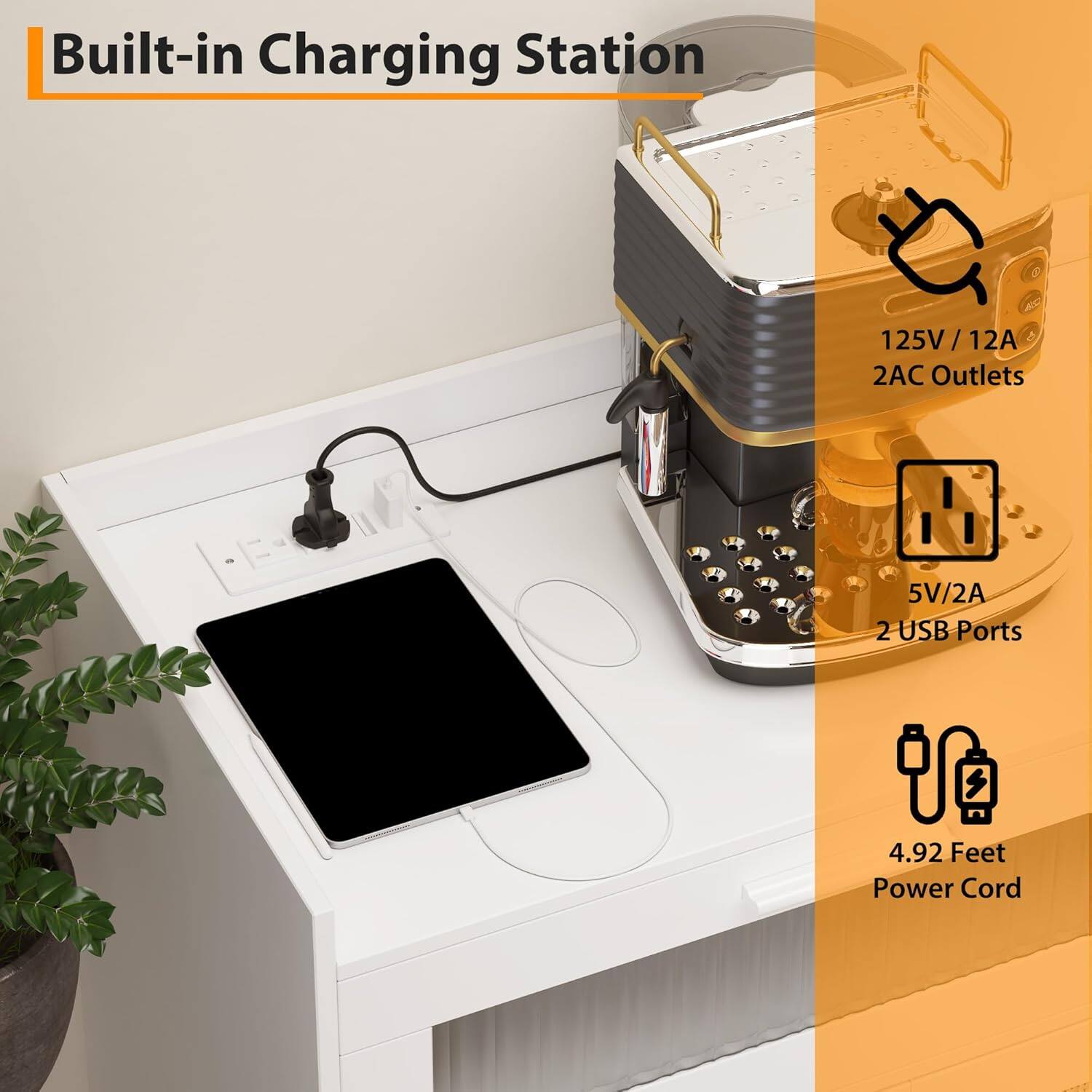 Built-in Charging Station

- 125V / 12A
- 2 AC Outlets
- 5V / 2A
- 2 USB Ports
- 4.92 Feet Power Cord