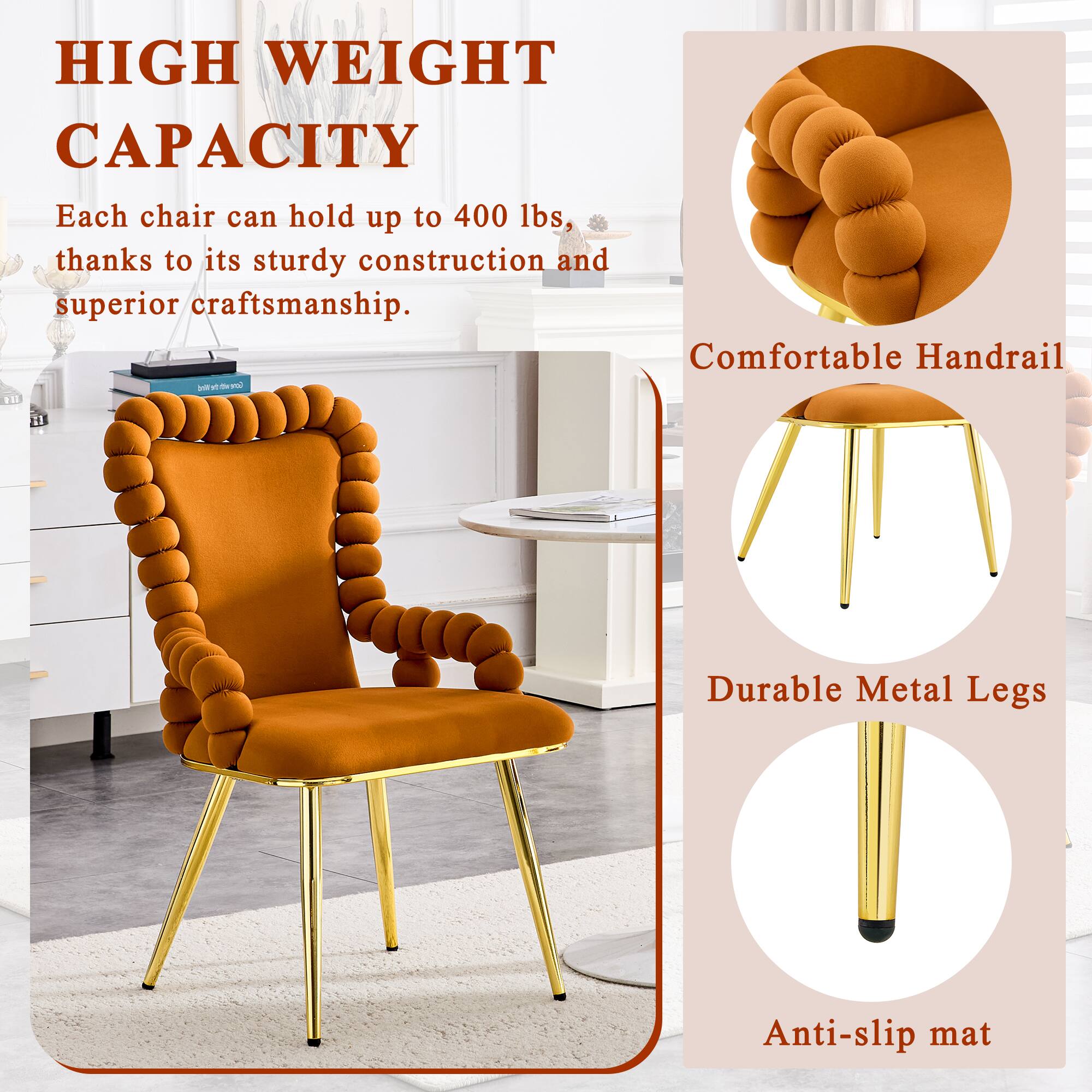 HIGH WEIGHT CAPACITY  
Each chair can hold up to 400 lbs, thanks to its sturdy construction and superior craftsmanship.  

Comfortable Handrail  
Durable Metal Legs  
Anti-slip mat