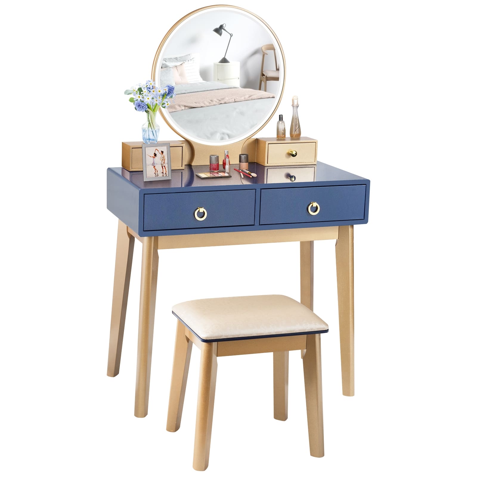 Ecooso - Smart Makeup Vanity Desk with Adjustable Lighting Mirror and Hidden Storage System - Navy