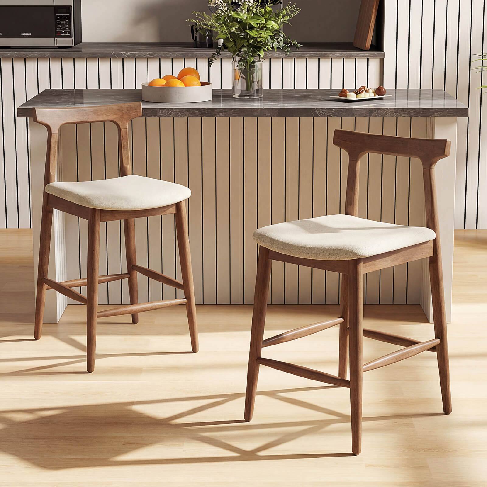 Alt View 1. Costway - Costway 2PCS Counter Height Bar Stools with Curved Backs and Upholstered Cushioned Seats - Walnut,Light Brown.