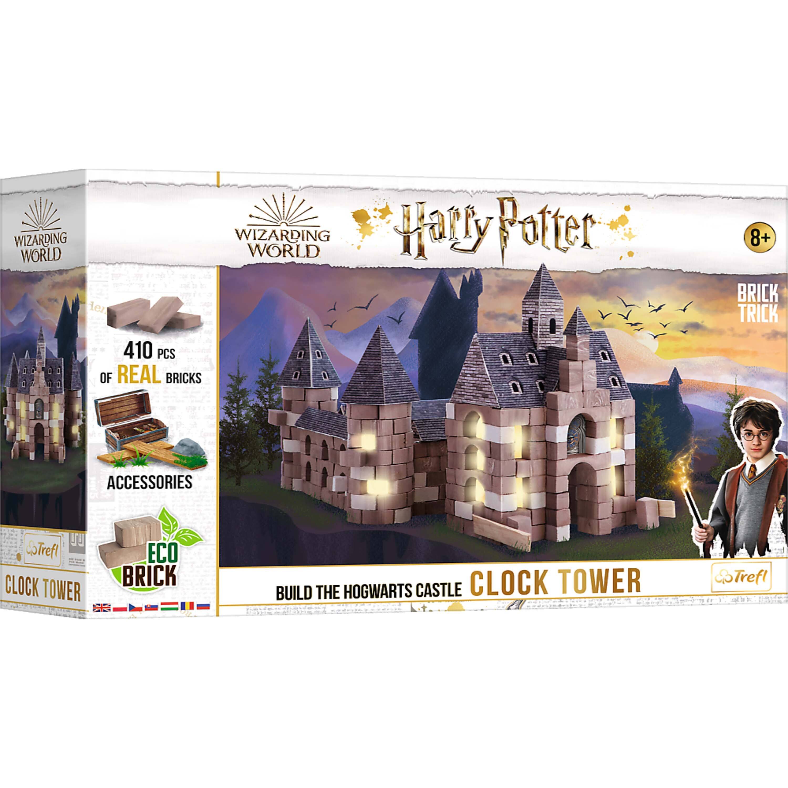 WIZARDING WORLD  
Harry Potter  
8+  
BRICK TRICK  

410 PCS OF REAL BRICKS  
ACCESSORIES  
ECO BRICK  

BUILD THE HOGWARTS CASTLE CLOCK TOWER  

CLOCK TOWER  

Treff