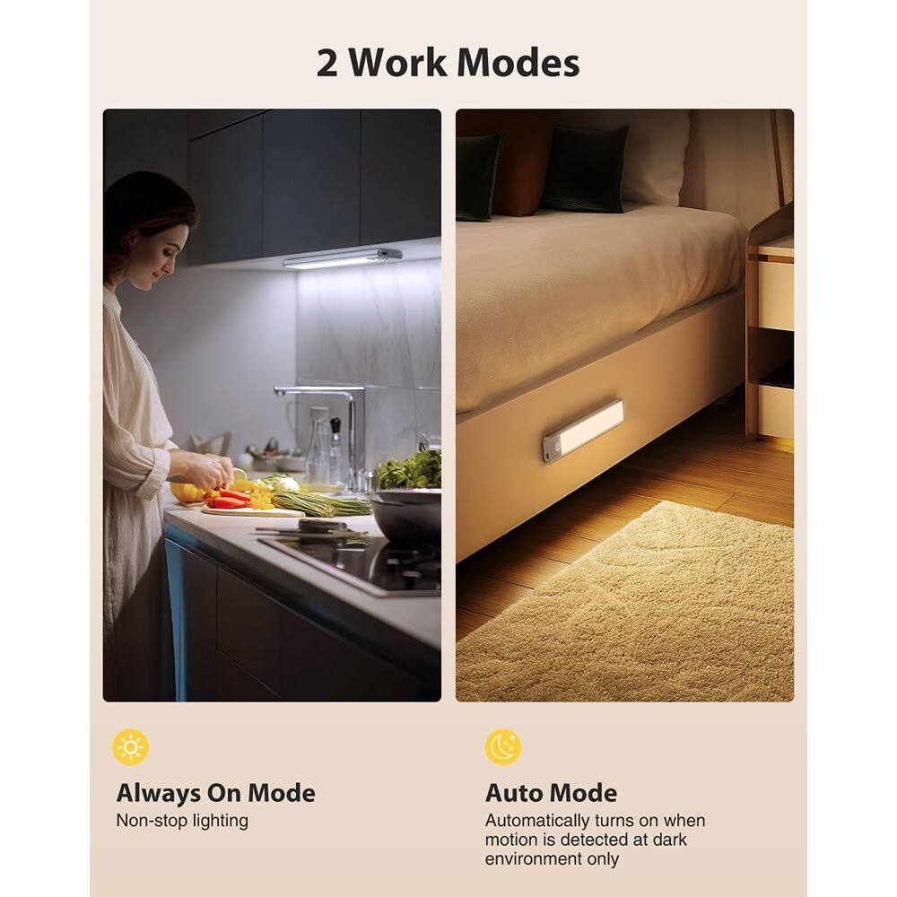2 Work Modes

Always On Mode  
Non-stop lighting

Auto Mode  
Automatically turns on when motion is detected at dark environment only