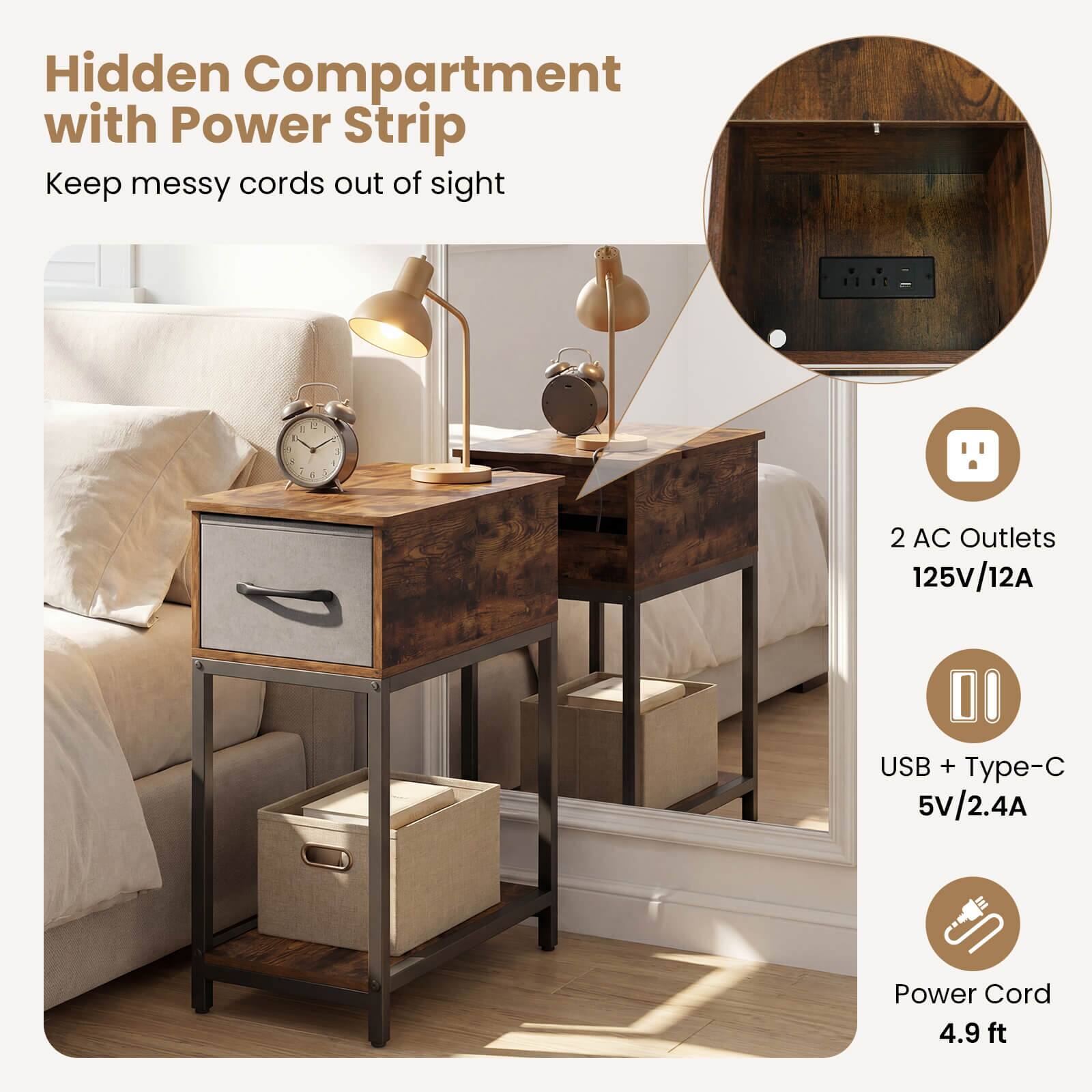 Hidden Compartment with Power Strip  
Keep messy cords out of sight  

- 2 AC Outlets  
  125V/12A  

- USB + Type-C  
  5V/2.4A  

- Power Cord  
  4.9 ft