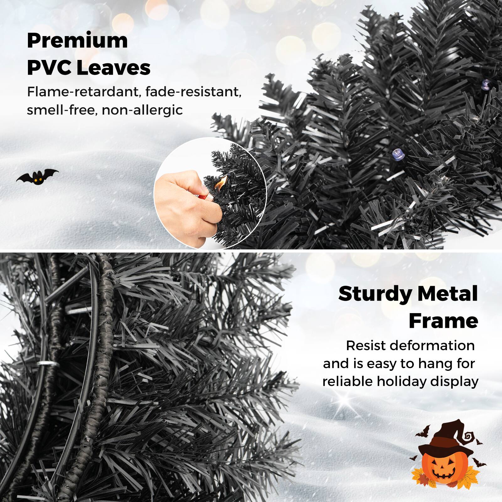Premium PVC Leaves  
Flame-retardant, fade-resistant, smell-free, non-allergic  

Sturdy Metal Frame  
Resist deformation and is easy to hang for reliable holiday display