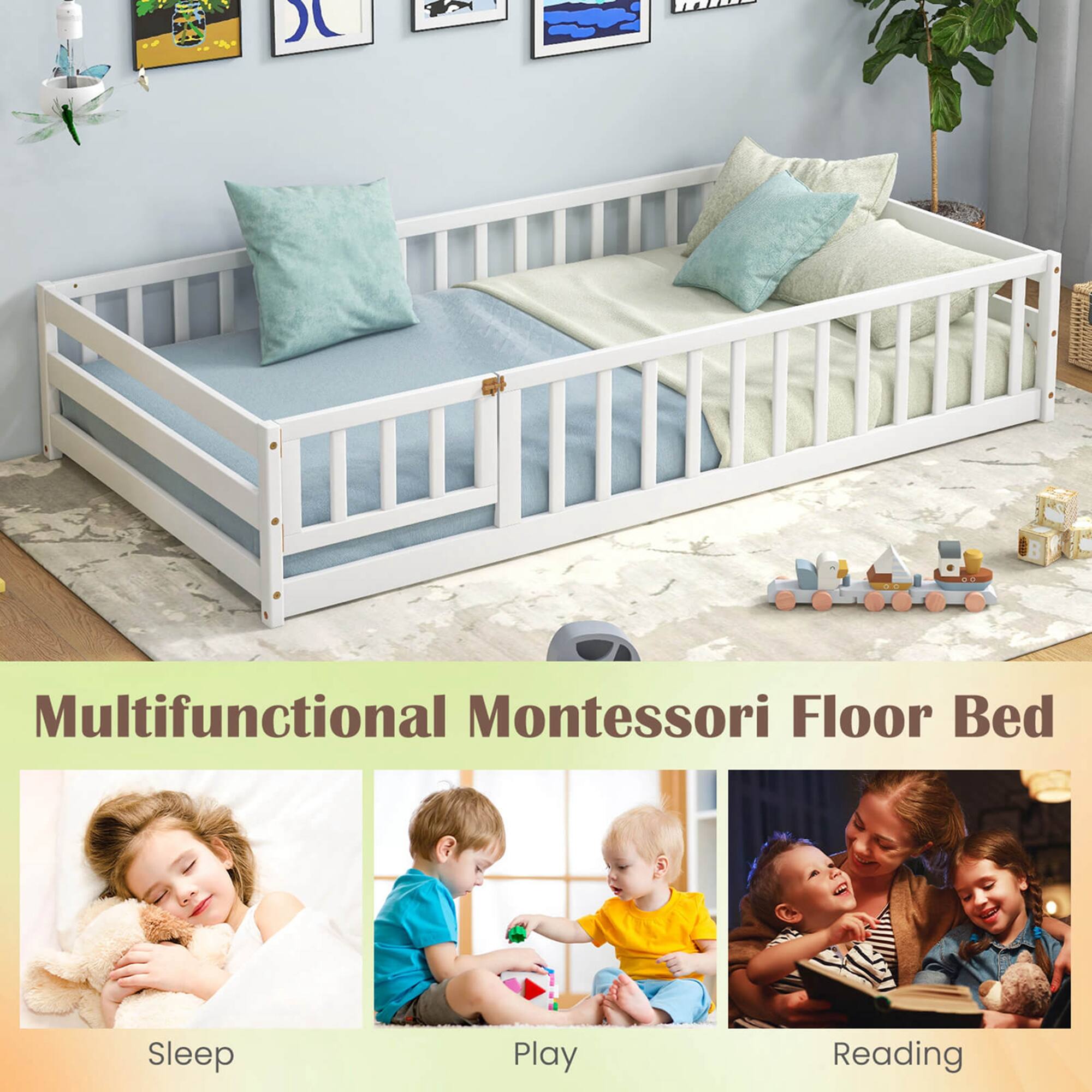 "The Multifunctional Montessori Floor Bed is designed for sleep, play, and reading. It is a versatile and practical solution for children's bedrooms, providing a comfortable and functional space for kids to rest, play, and engage in learning activities. The bed is made of high-quality materials and features a sturdy frame that can support a child's weight. It is also easy to assemble and disassemble, making it a convenient option for families with growing children. The bed's design promotes a sense of independence and responsibility in children, as they are encouraged to make their own bed and take care of their belongings. Overall, the Multifunctional Montessori Floor Bed is an excellent choice for families looking to create a comfortable and functional space for their children."