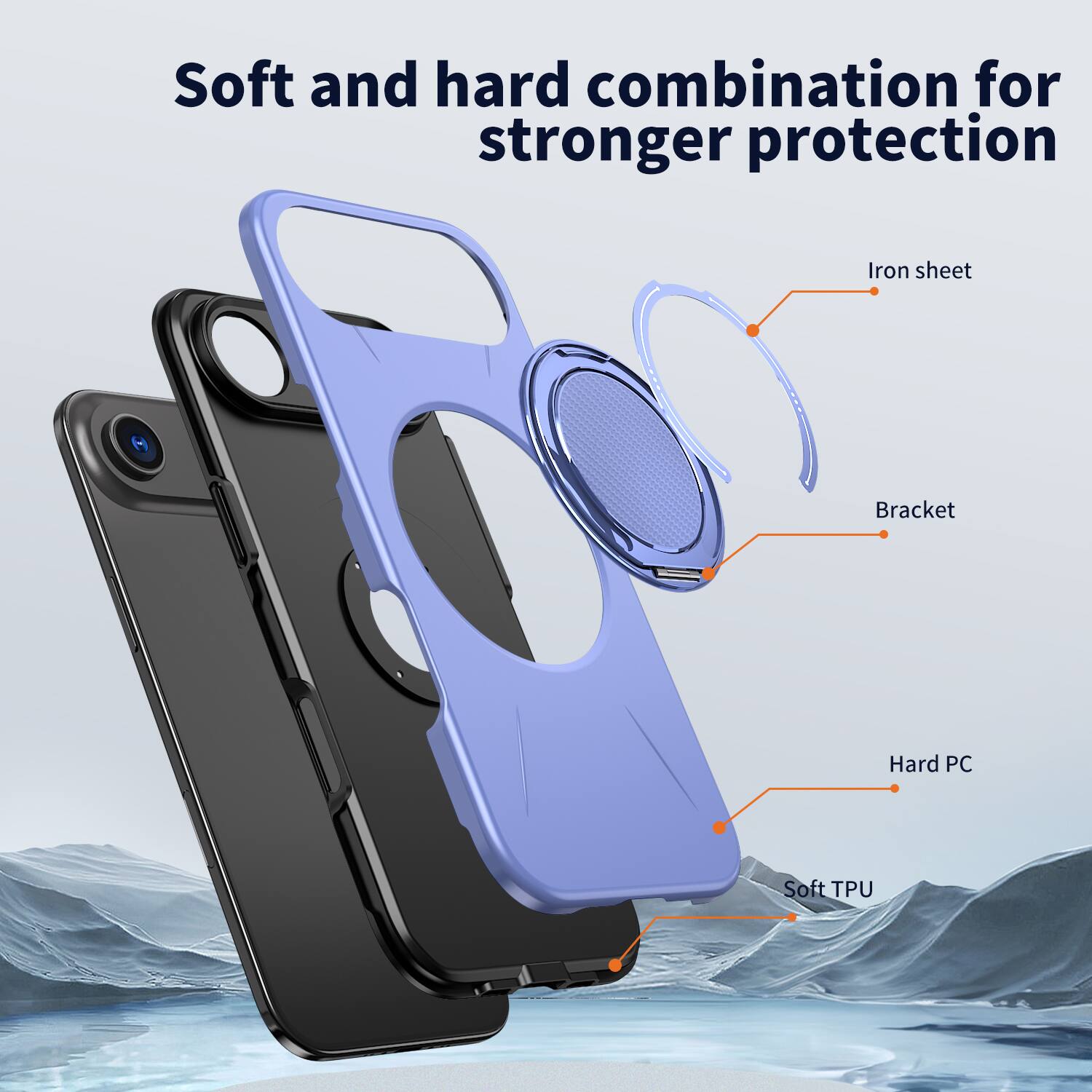 Soft and hard combination for stronger protection

Iron sheet
Bracket
Hard PC
Soft TPU
