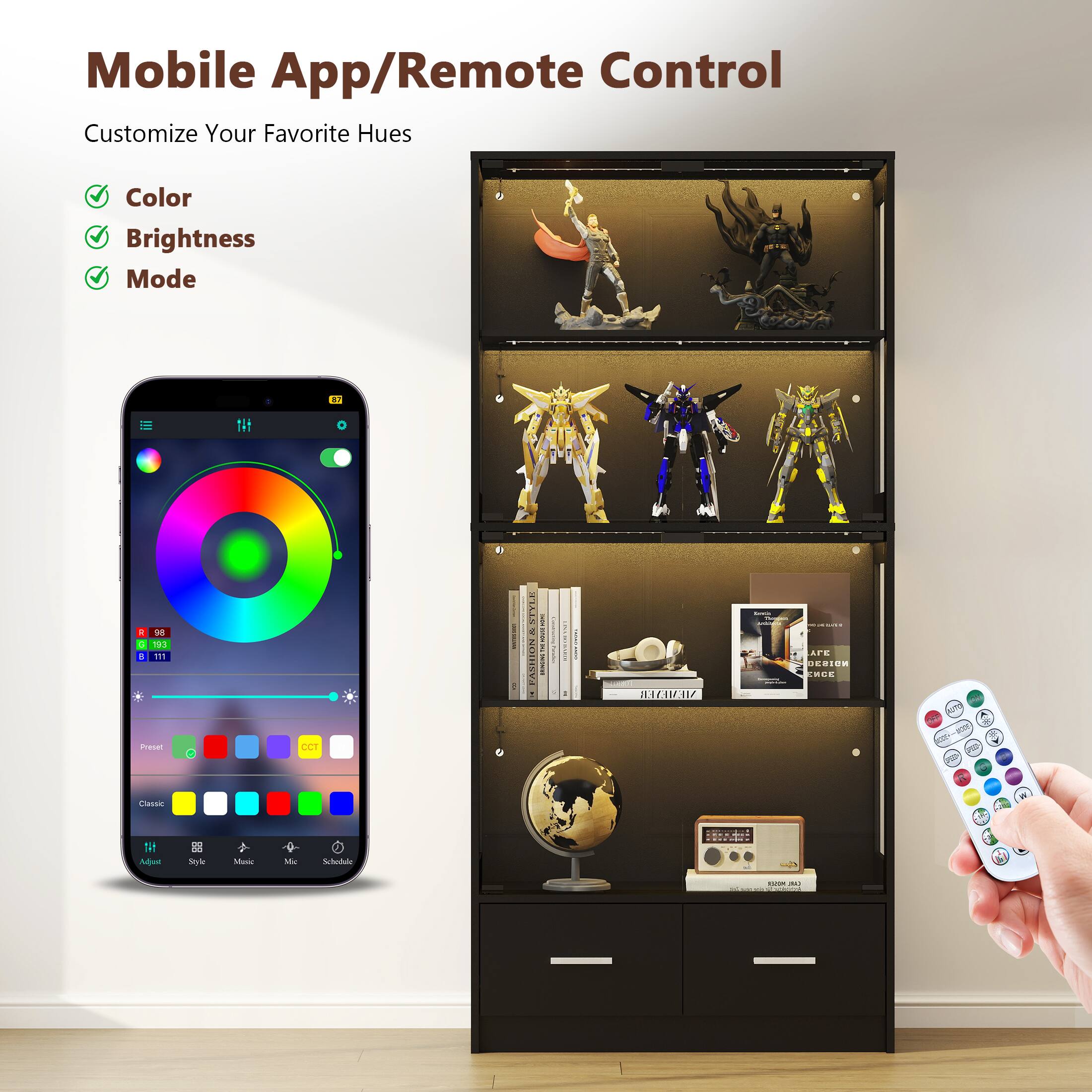 Mobile App/Remote Control
Customize Your Favorite Hues
Color
Brightness
Mode