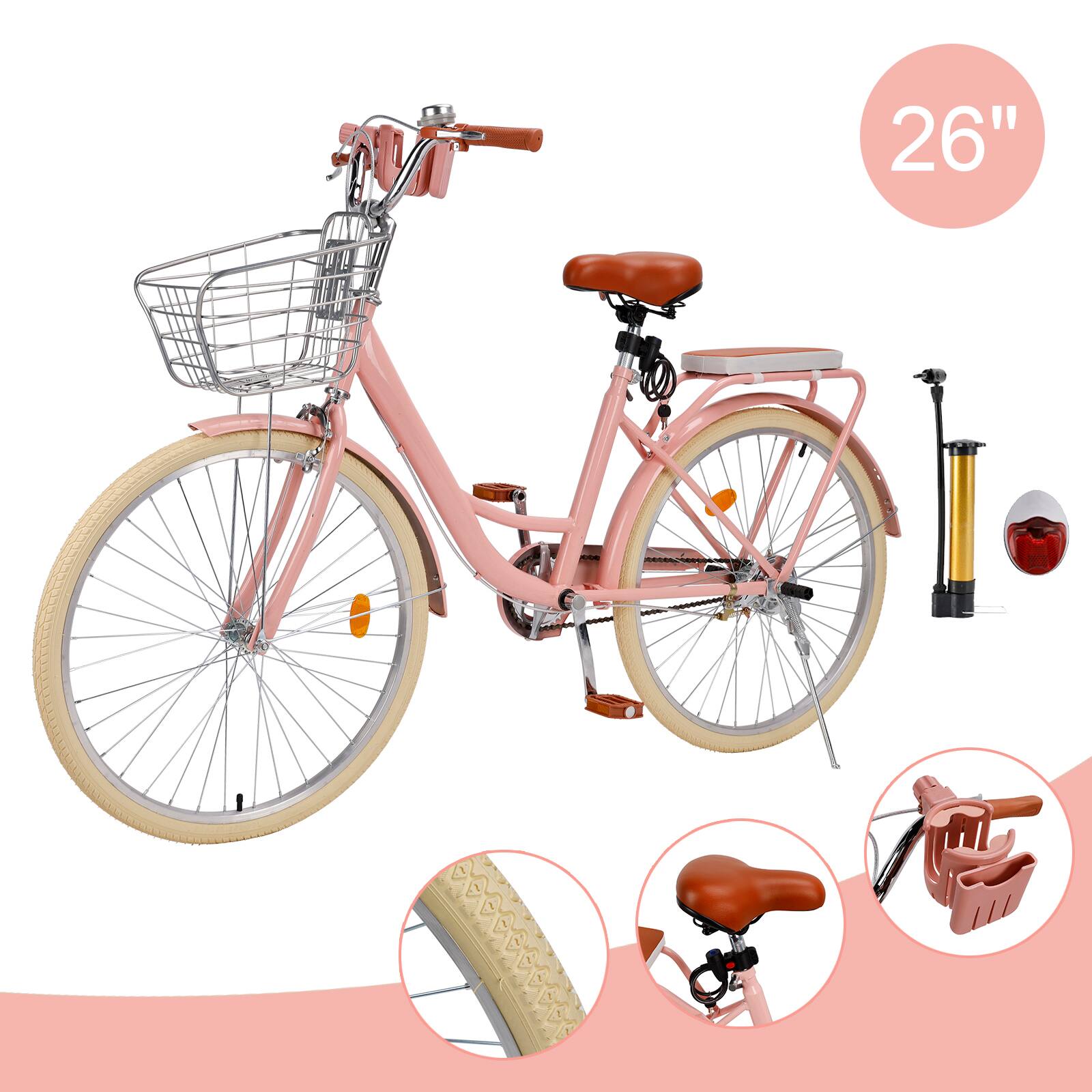 Back. Topteng - 26" Beach Cruiser Bike for Men/Women with Cup Holder, High Carbon Steel Frame, Dual Brakes, Rear Rack and Basket, Pink - Pink.