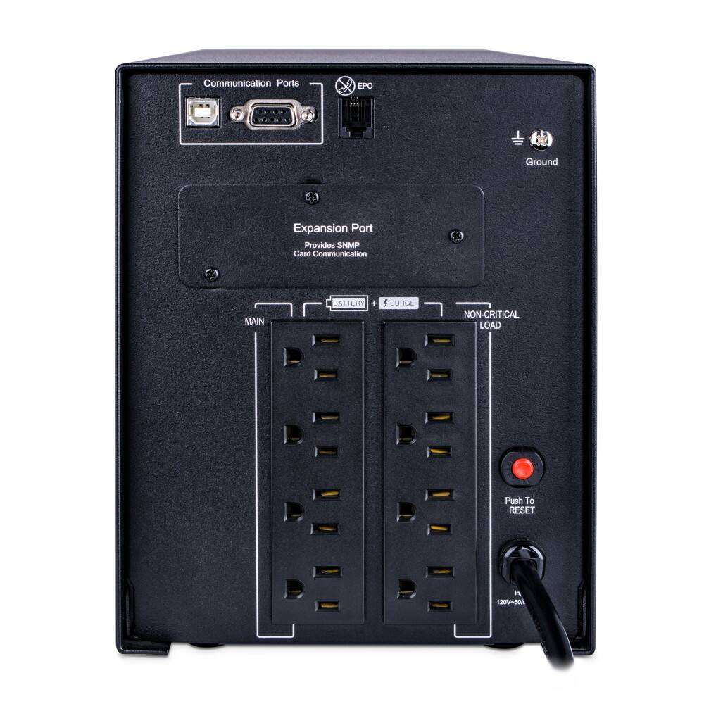 Communication Ports  
EPO Ground Expansion Port  
Provides SNMP Card Communication  

MAIN BATTERY  
SURGE  
NON-CRITICAL LOAD  

Push To RESET  

120V-50k  

Ground