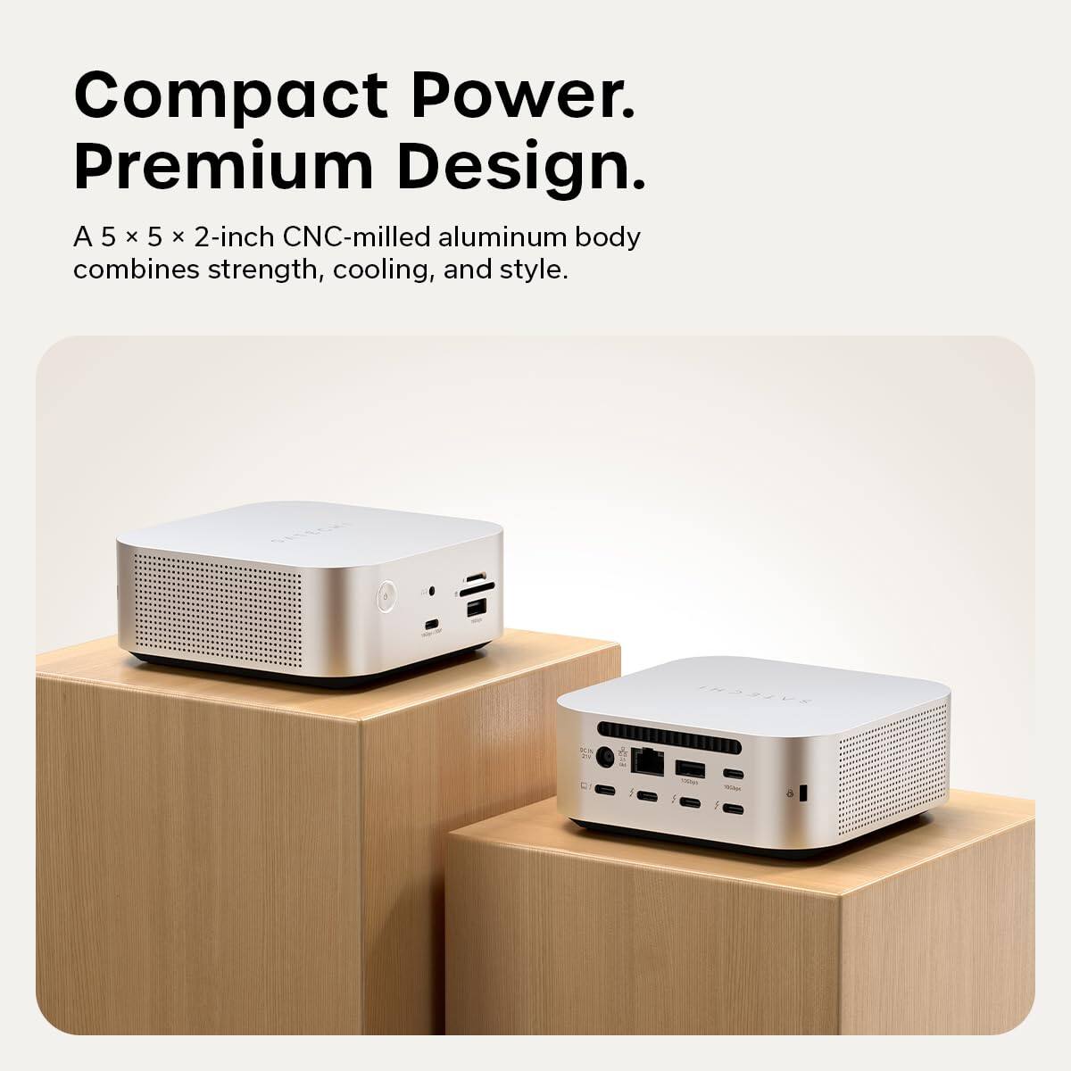 Compact Power. Premium Design.  
A 5 x 5 x 2-inch CNC-milled aluminum body combines strength, cooling, and style.
