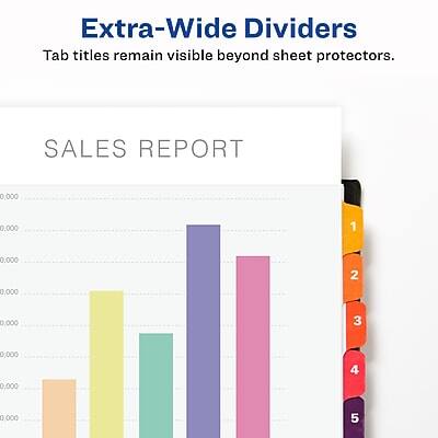 Extra-Wide Dividers  
Tab titles remain visible beyond sheet protectors.

SALES REPORT

1  
2  
3  
4  
5
