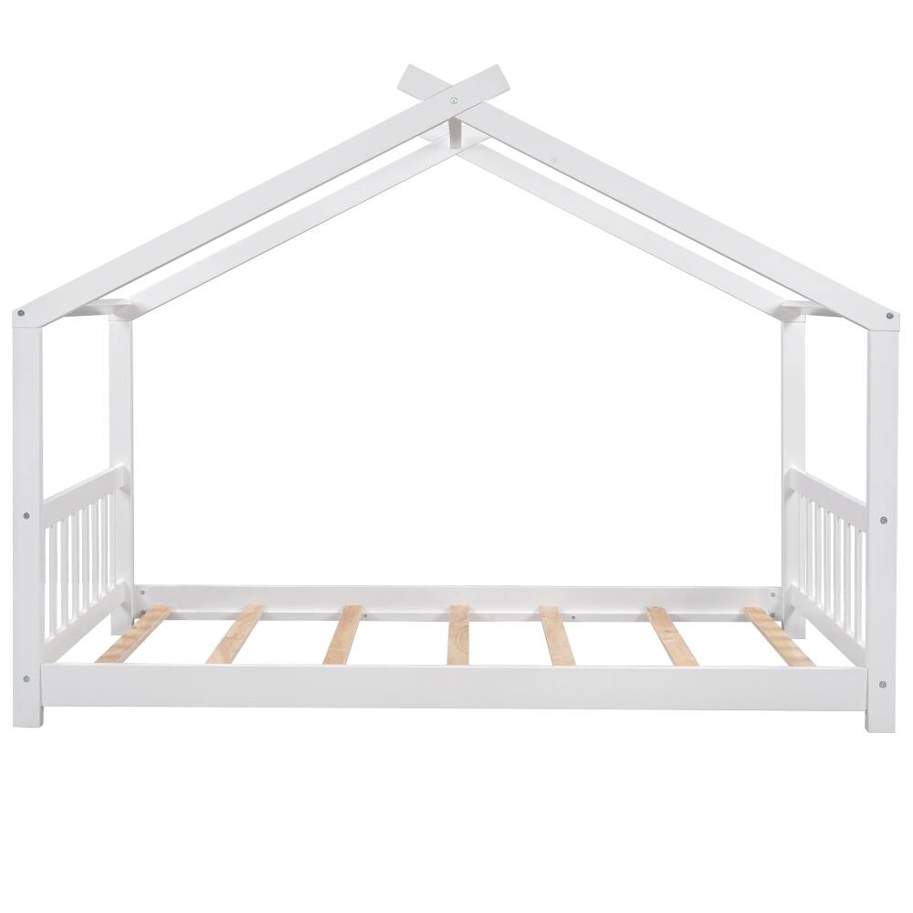 Alt View 2. Loheer - Loheer Twin House Bed White Platform Bed with Roof Design - White.