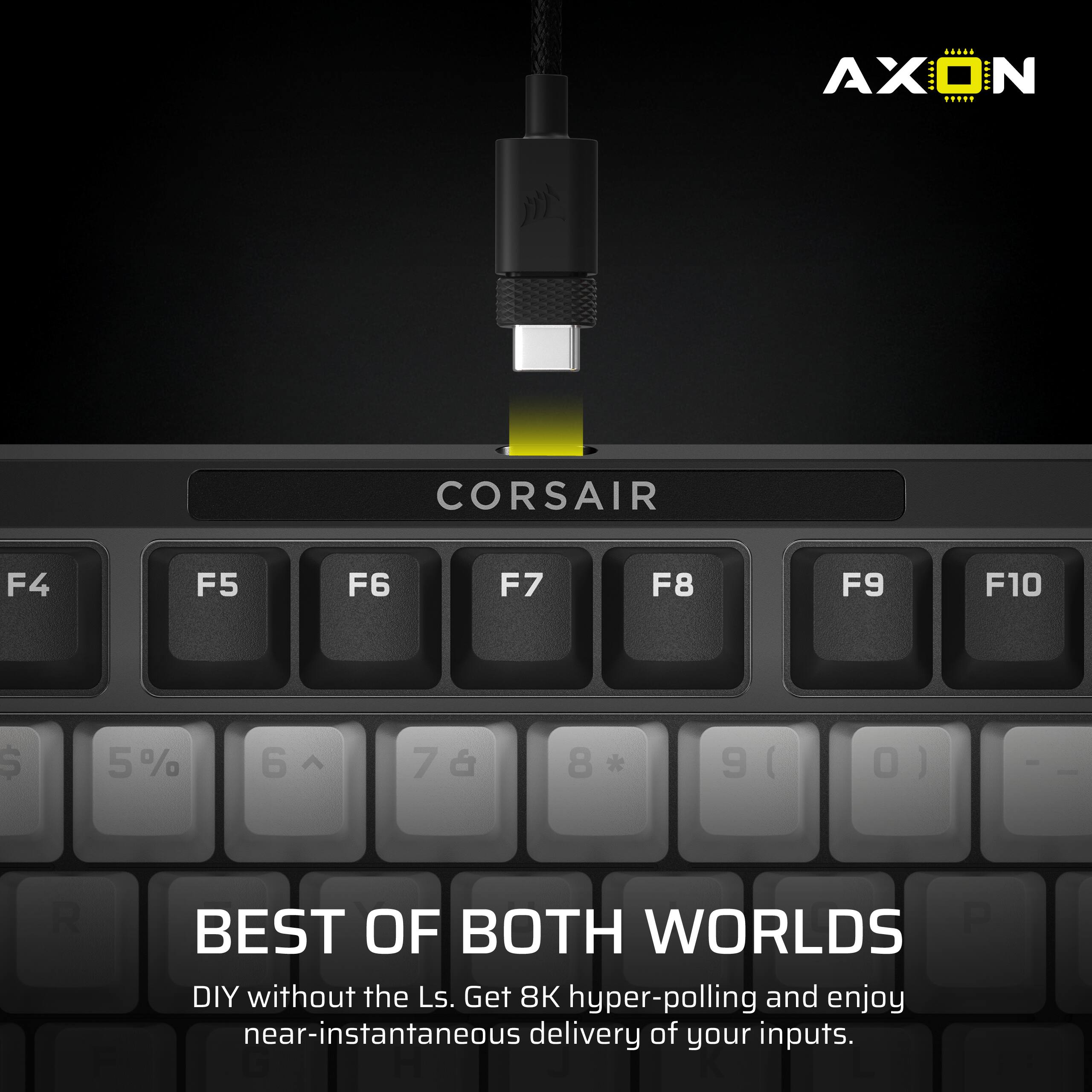 AXON N * CORSAIR F4 F5 F6 F7 F8 F9 F10 $ 5% 6 7 8 * 9 ( O - R BEST OF BOTH WORLDS P DIY without the Ls. Get 8K hyper-polling and enjoy near-instantaneous delivery of your inputs.