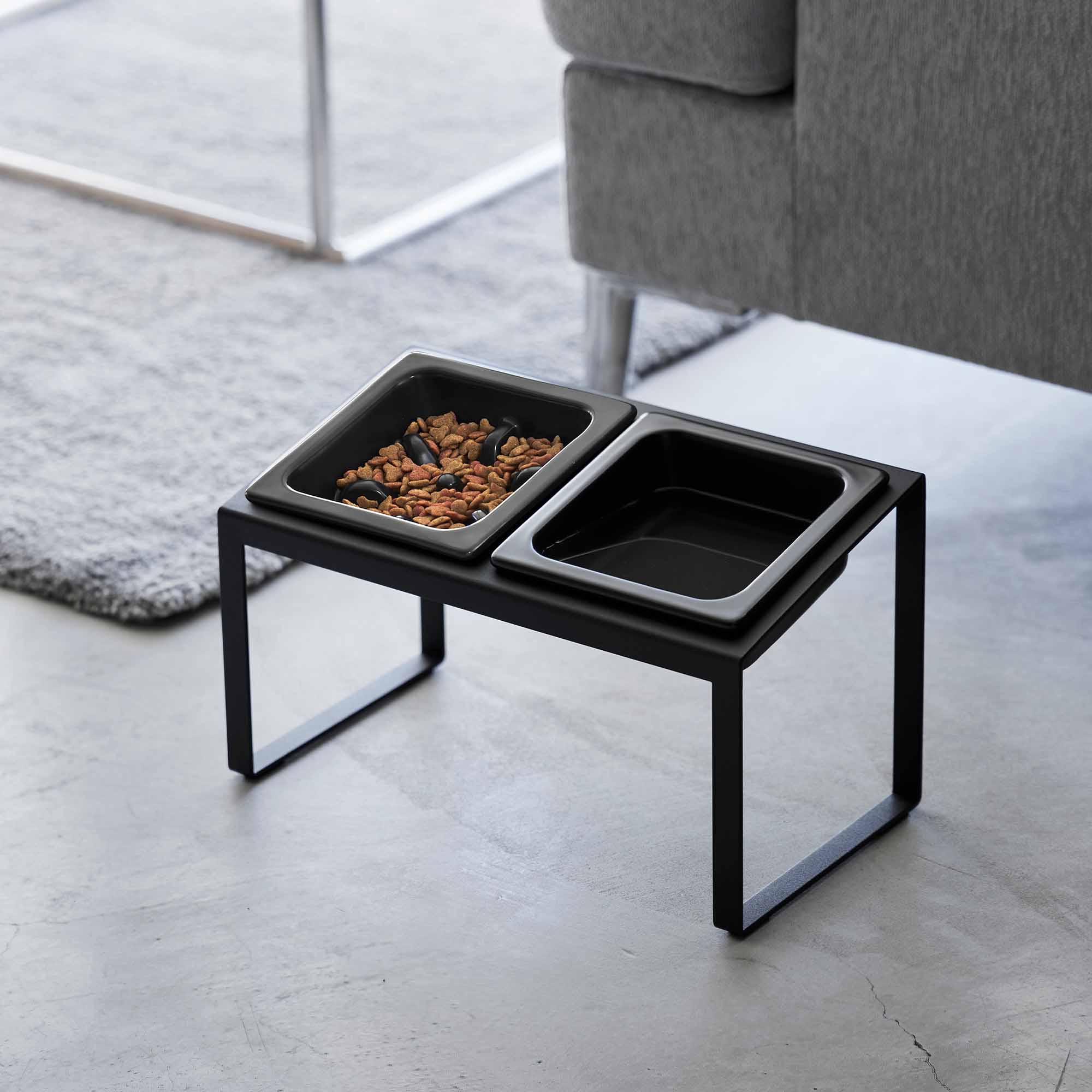 Angle. Yamazaki Home - Slow Feeder Pet Bowl - Steel + Ceramic - Black.