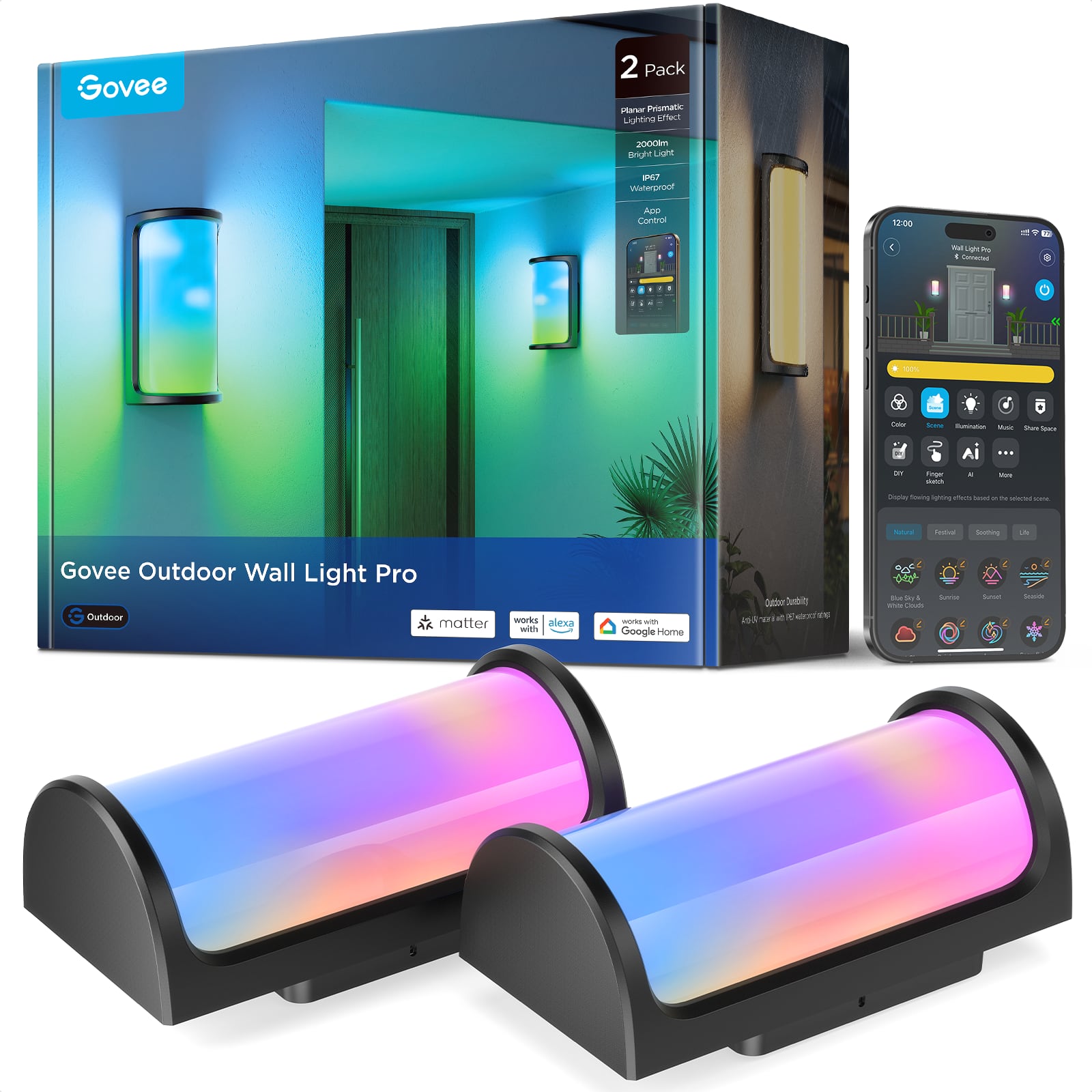 Govee 2 Pack are Promatic Lighting 20000m Bright Light WP7 Waterproof App Control 12:00 + - Lg the 4 / . ser - I - - - - - AI E ! - i - - - fosing S - - - - - -- - -  suming - Govee Outdoor Wall Light Pro Outdoor matter Sg4 alexa with - - Groople Home Sather Sebin 1 a - a se - SL . - -  Suorsa 2 - : " addidao I