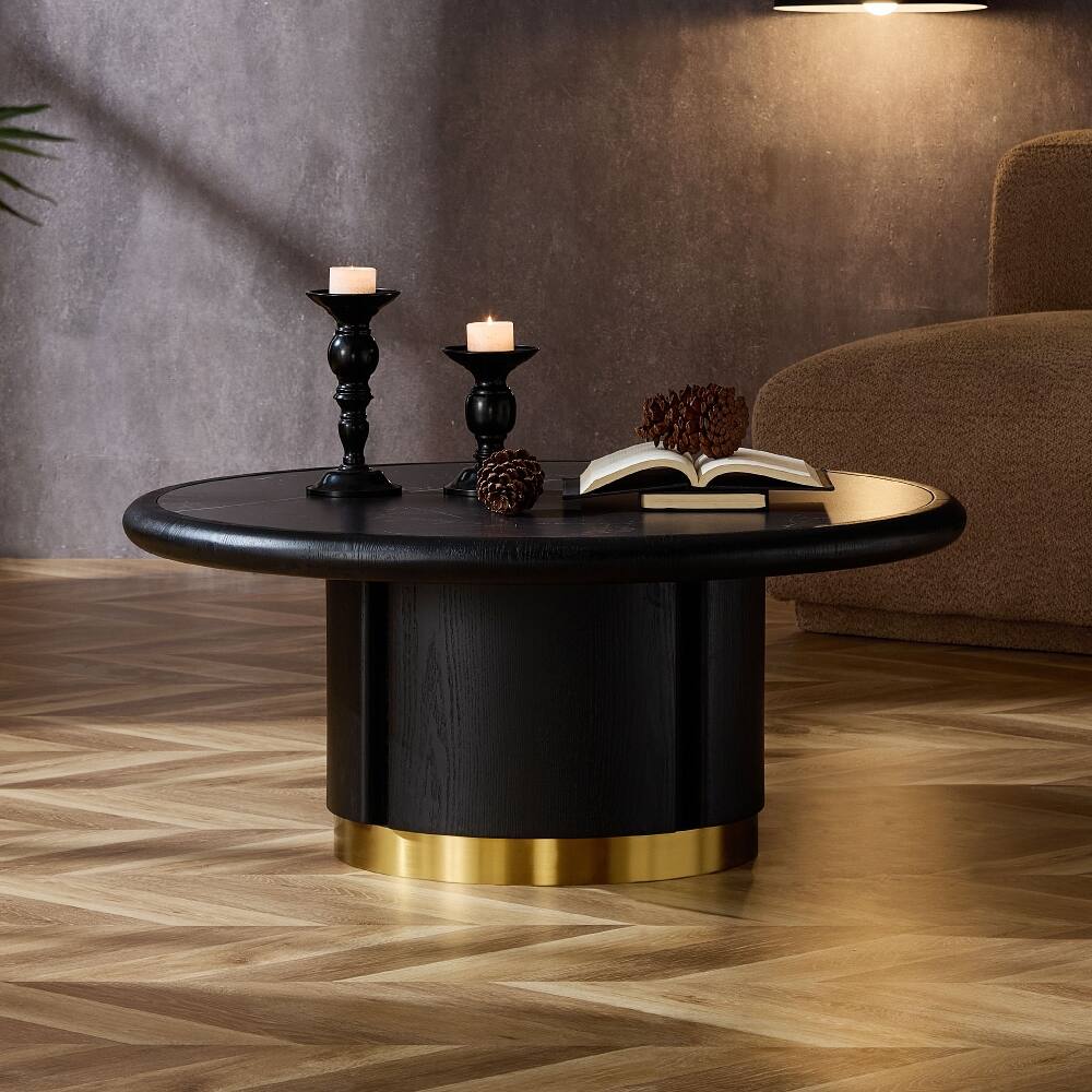 Alt View 2. Loheer - Loheer 35.43 Inch Round Coffee Table Sintered Stone Modern MDF Pedestal Living Room Table Black - Black.