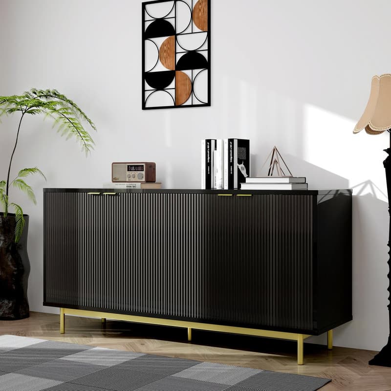 Dyonery - Buffet Cabinet with Storage, 58” Large Sideboard with Shelves and 4 Doors, Fluted Sideboard Coffee Bar Cabinet - Black