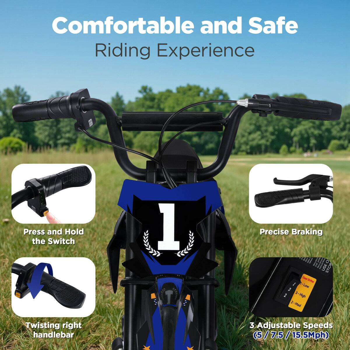 Comfortable and Safe Riding Experience

Press and Hold the Switch

Twisting right handlebar

Precise Braking

3 Adjustable Speeds (5 / 7.5 / 15.5Mph)