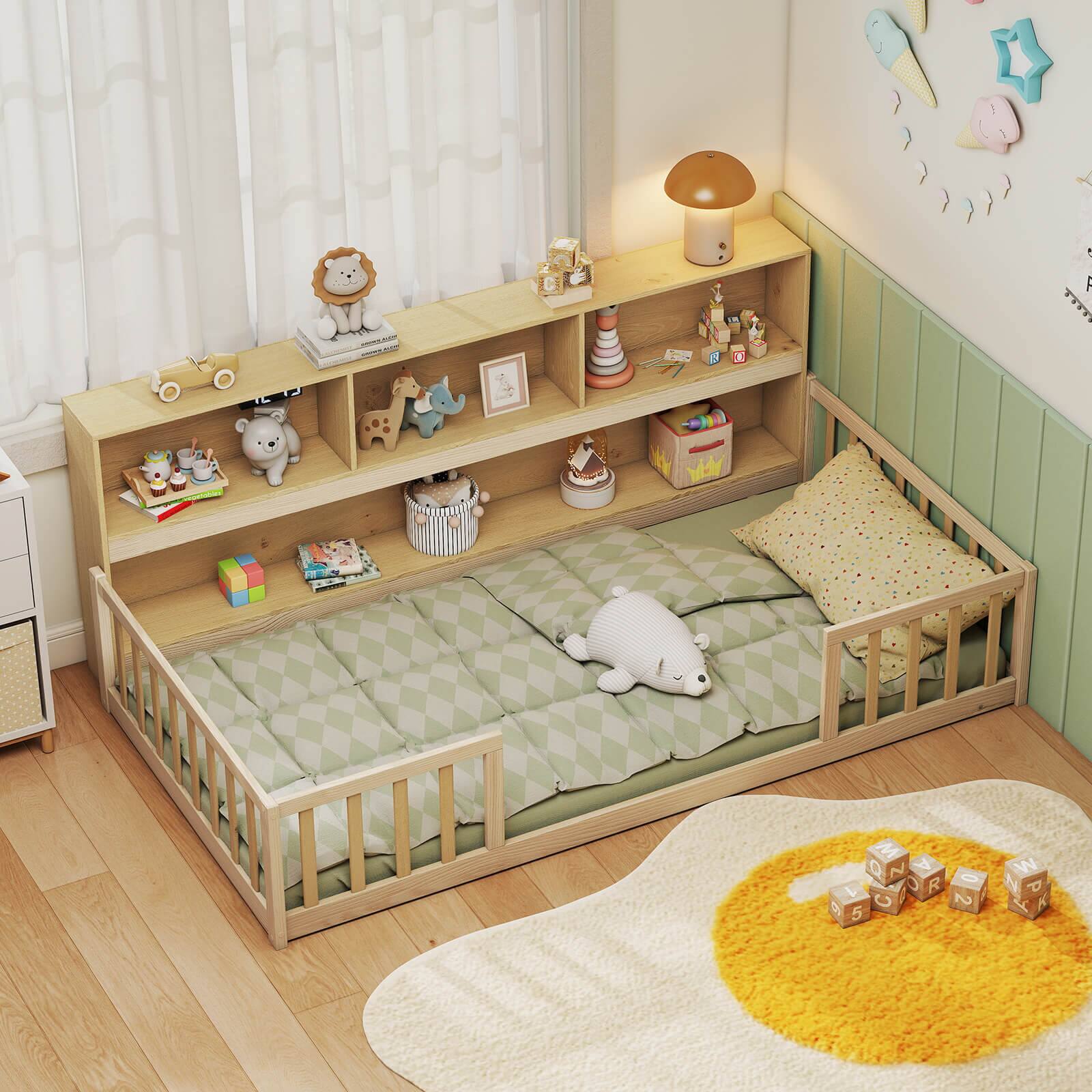 Alt View 5. Costway - Costway Twin Size Montessori Floor Bed with Bookcase Storage Shelves & Safety Fence Rails - Natural.