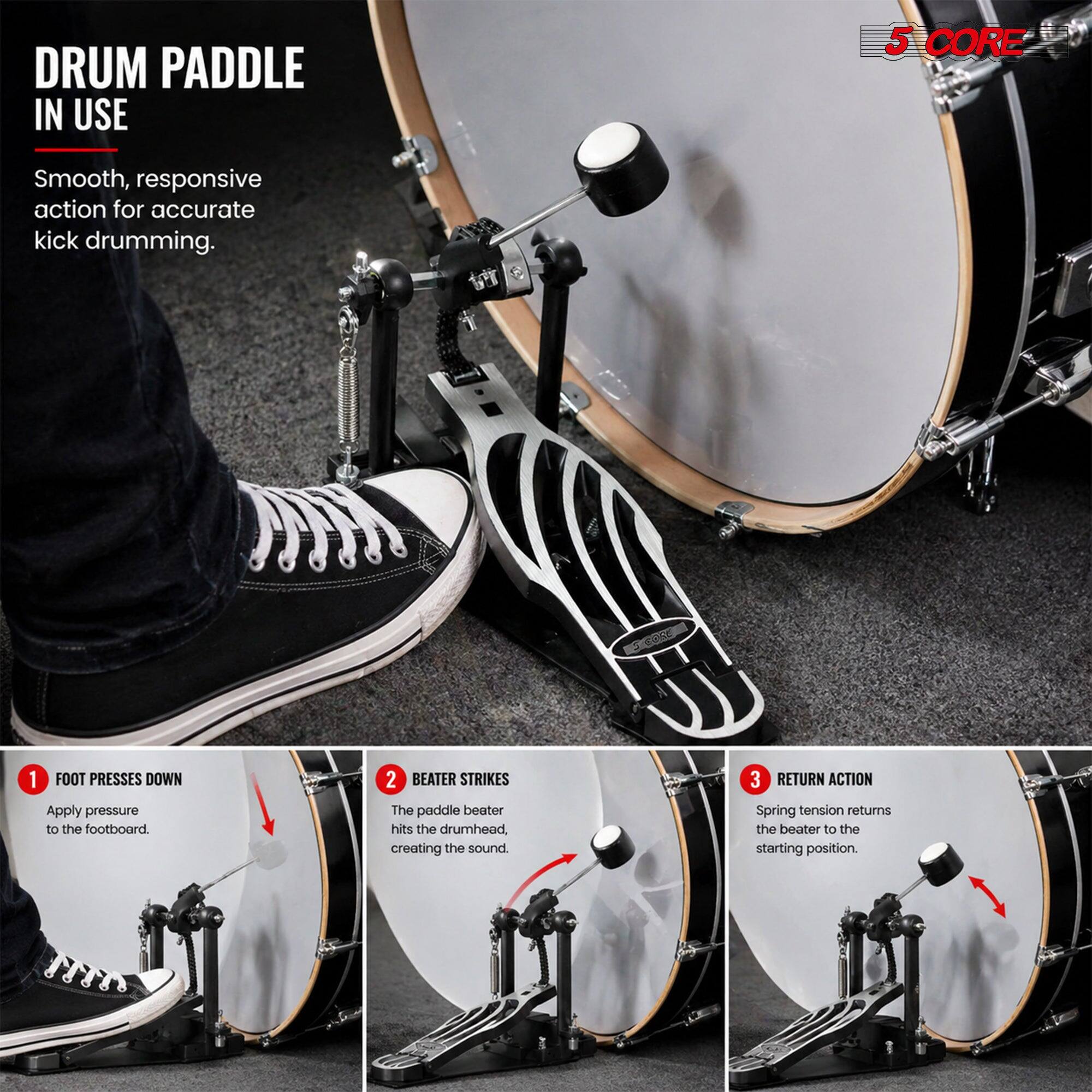 DRUM PADDLE IN USE

5 CORE

Smooth, responsive action for accurate kick drumming.

1 FOOT PRESSED DOWN
Apply pressure to the footboard.

2 BEATER STRIKES
The paddle beater hits the drumhead, creating the sound.

3 RETURN ACTION
Spring tension returns the beater to the starting position.