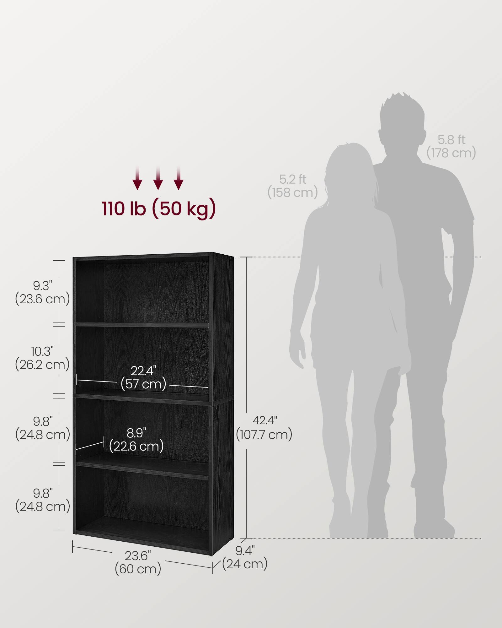 5.8 ft (178 cm)  
110 lb (50 kg)  
5.2 ft (158 cm)  

9.3" (23.6 cm)  
10.3" (26.2 cm)  
22.4" (57 cm)  
9.8" (24.8 cm)  
8.9" (22.6 cm)  
42.4" (107.7 cm)  
9.8" (24.8 cm)  
23.6" (60 cm)  
9.4" (24 cm)