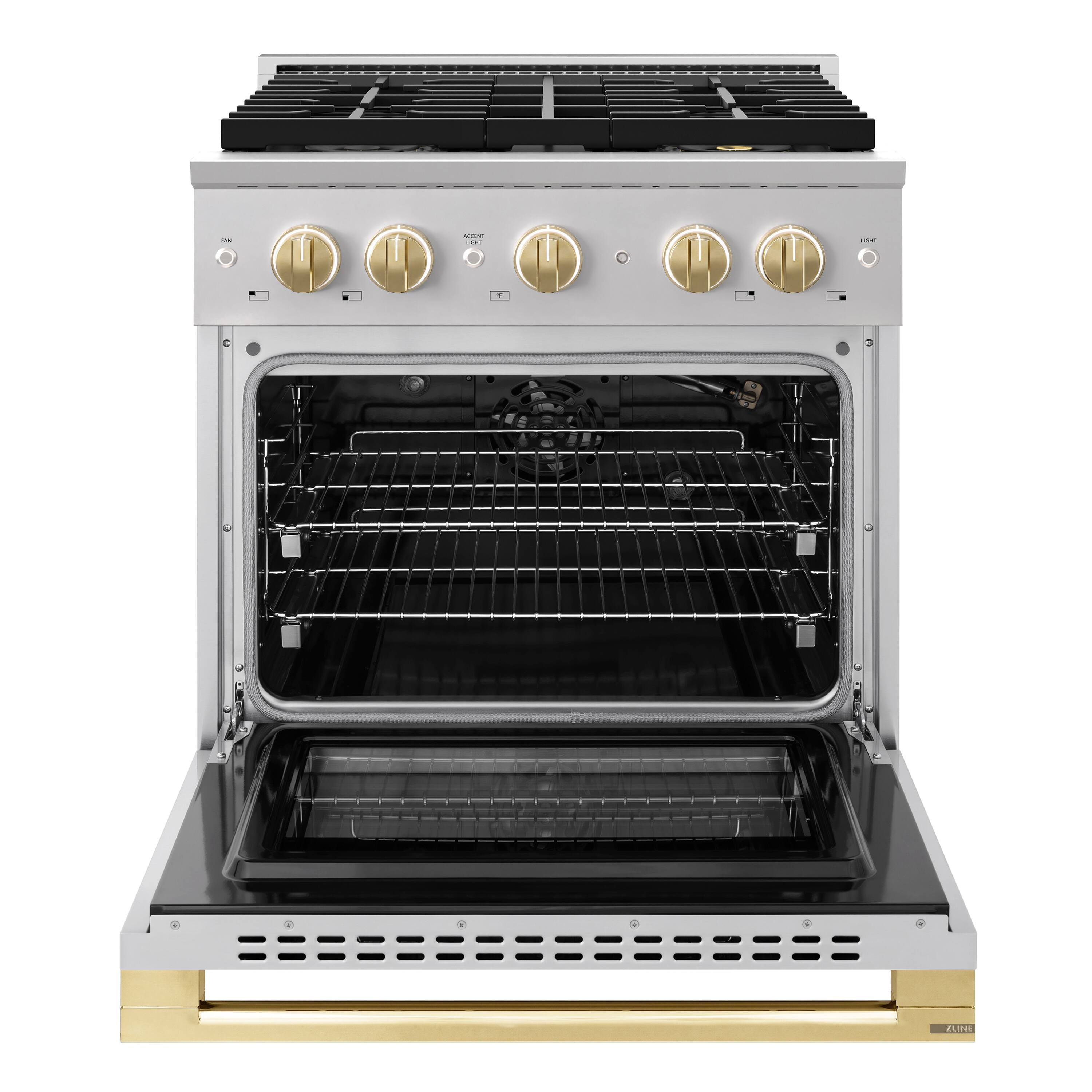 Angle. ZLINE - Autograph 30 in. 4.2 cu. ft. Marino Freestanding Manual Clean DuoPro Gas Range with Convection Oven & Gold Accents - Stainless Steel.