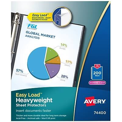 Easy Load™  
WODER OPENING INSERT DOCUMENTS FASTER  

DELIVERY  
FGI GLOBAL MARKET ANALYSIS  
14% Europe  
57% North America  
11% Others  
28% China  

TOP LOAD  
200 PACK  
DIAMOND CLEAR  

Easy Load™  
Heavyweight  
Sheet Protectors  
Insert documents faster  
Thicker and more durable ideal for long term storage  
Acid-Free • Archive safe • Won't lift print  

AVERY  
74400