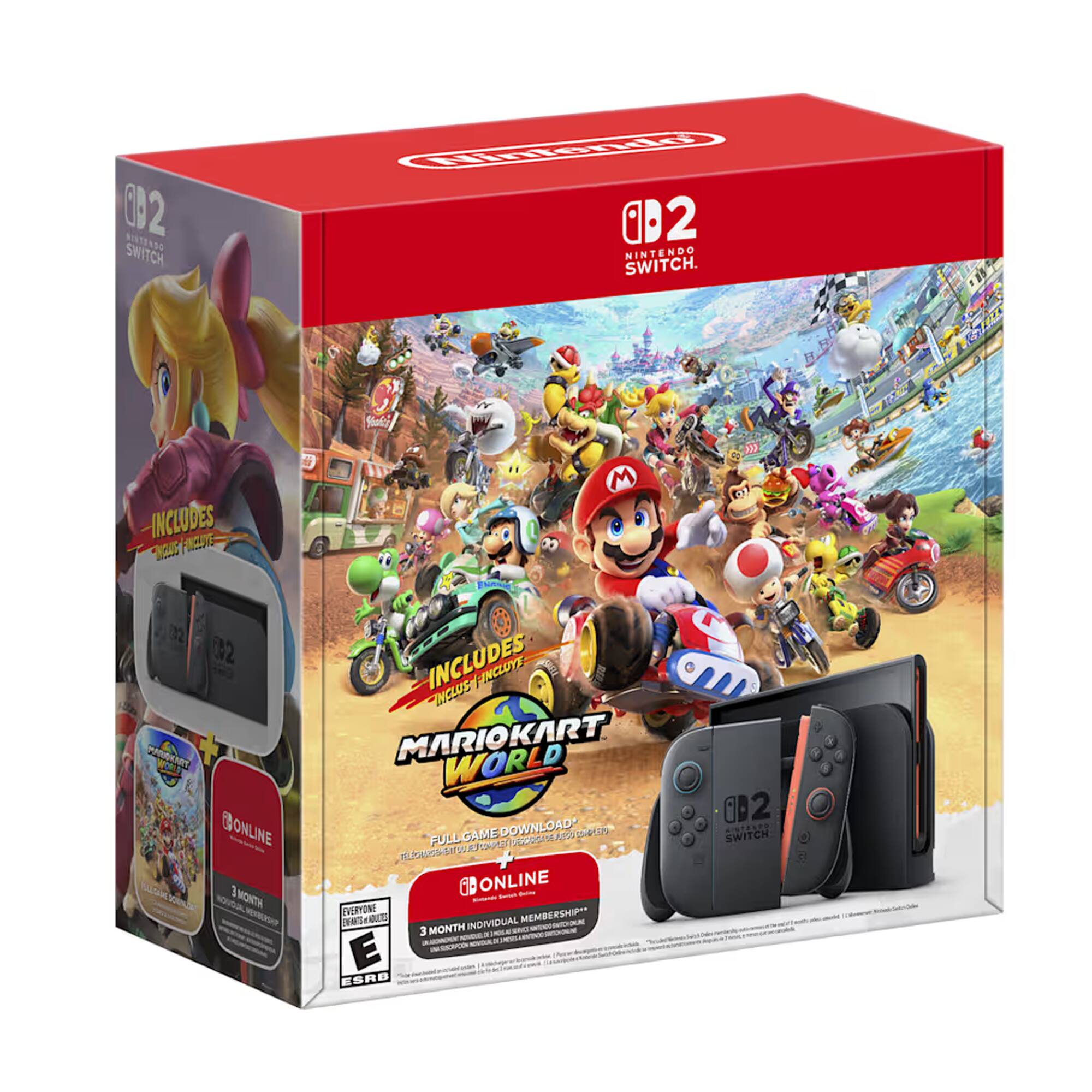 32 CONSTRIA SWITCH  
Nintendo B2 NINTENDO SWITCH.  
INCLUDES FINGUTE FINGUS (12 202 MARIOKART ONLINE  
M INCLUDES INCLUS INCLUYE MARIOKART WORLD FULL GAME DOWNLOAD* DESCOCA storyboard TELECHMAD ONLINE EVERYONE MEMBERSHIP** GUTOPSHING MONTH INDIVIDUAL 3 E - - ESRB  
B2 SWITCH