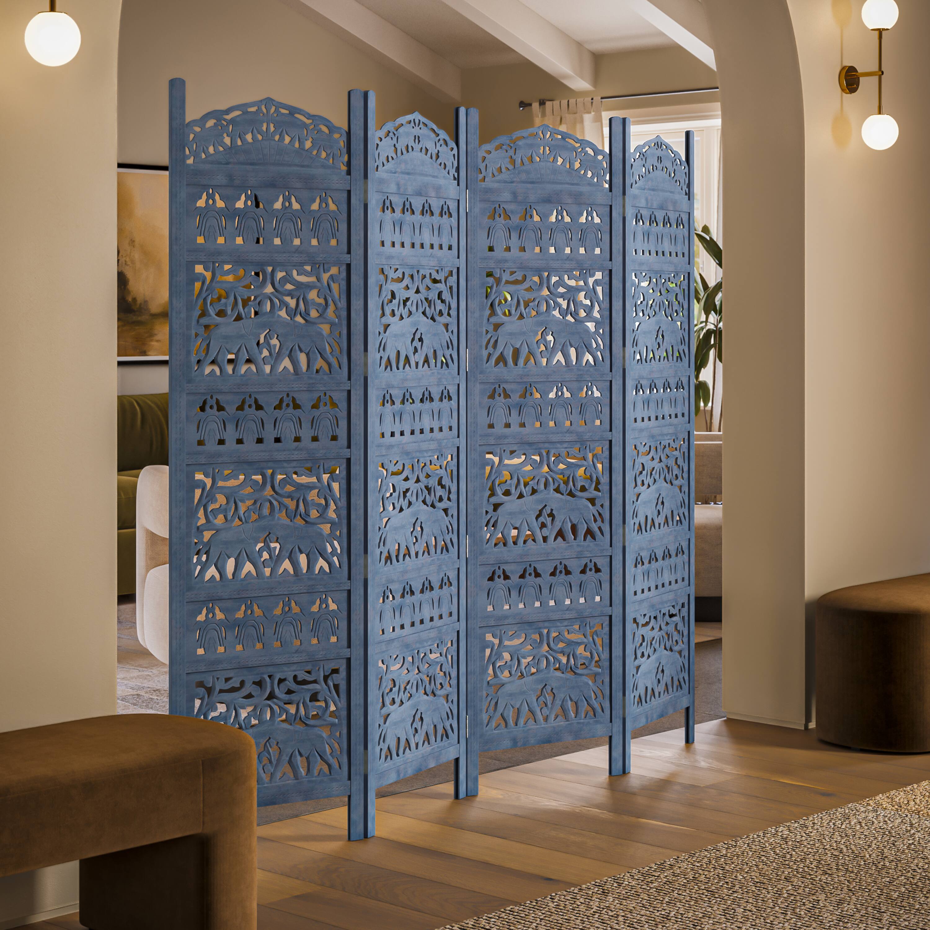 Alt View 10. Manhattan Lane - Jumbo 4 Panel Folding Room Divider Screen, Antique Blue Mango Wood, Elephant Motif Carved Design - Blue.