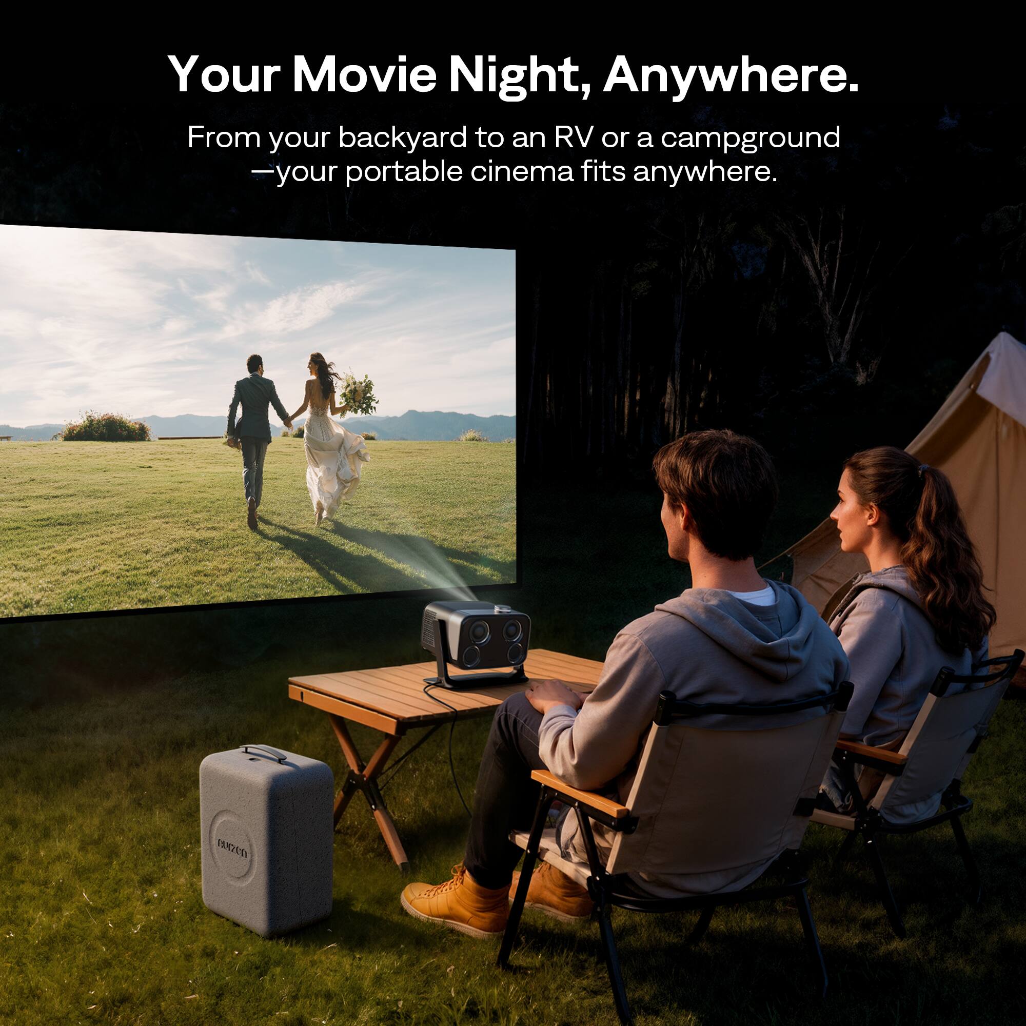 Your Movie Night, Anywhere.  
From your backyard to an RV or a campground — your portable cinema fits anywhere.
