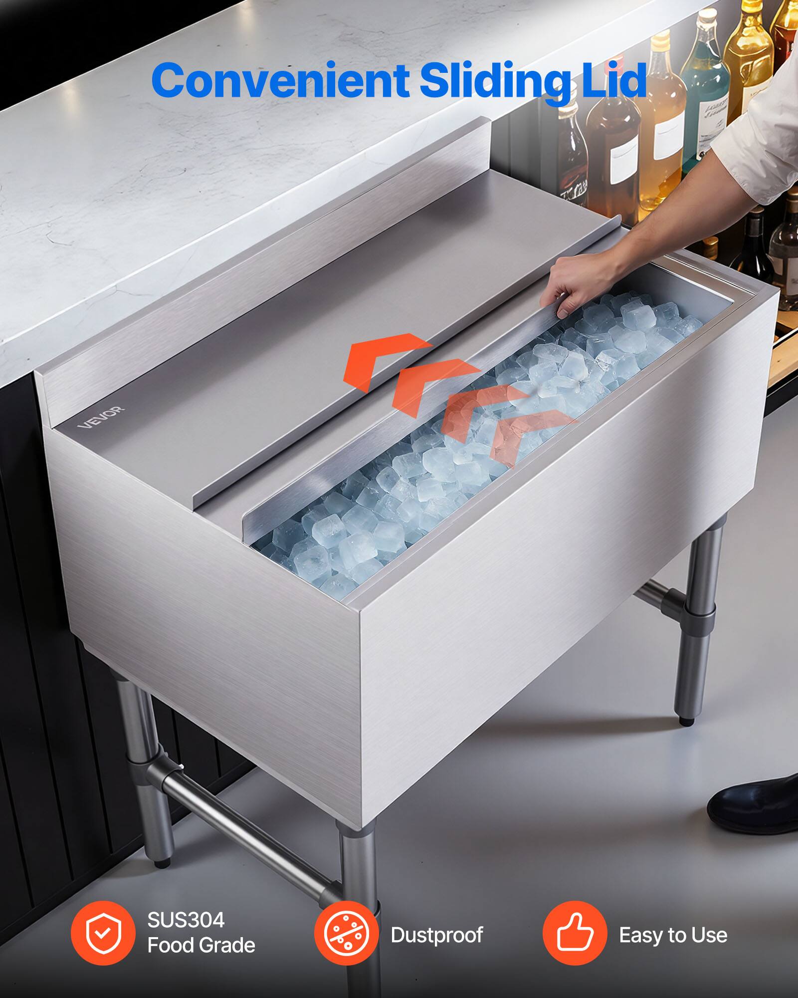 Convenient Sliding Lid  
VEVOR SUS304 Food Grade  
Dustproof  
Easy to Use