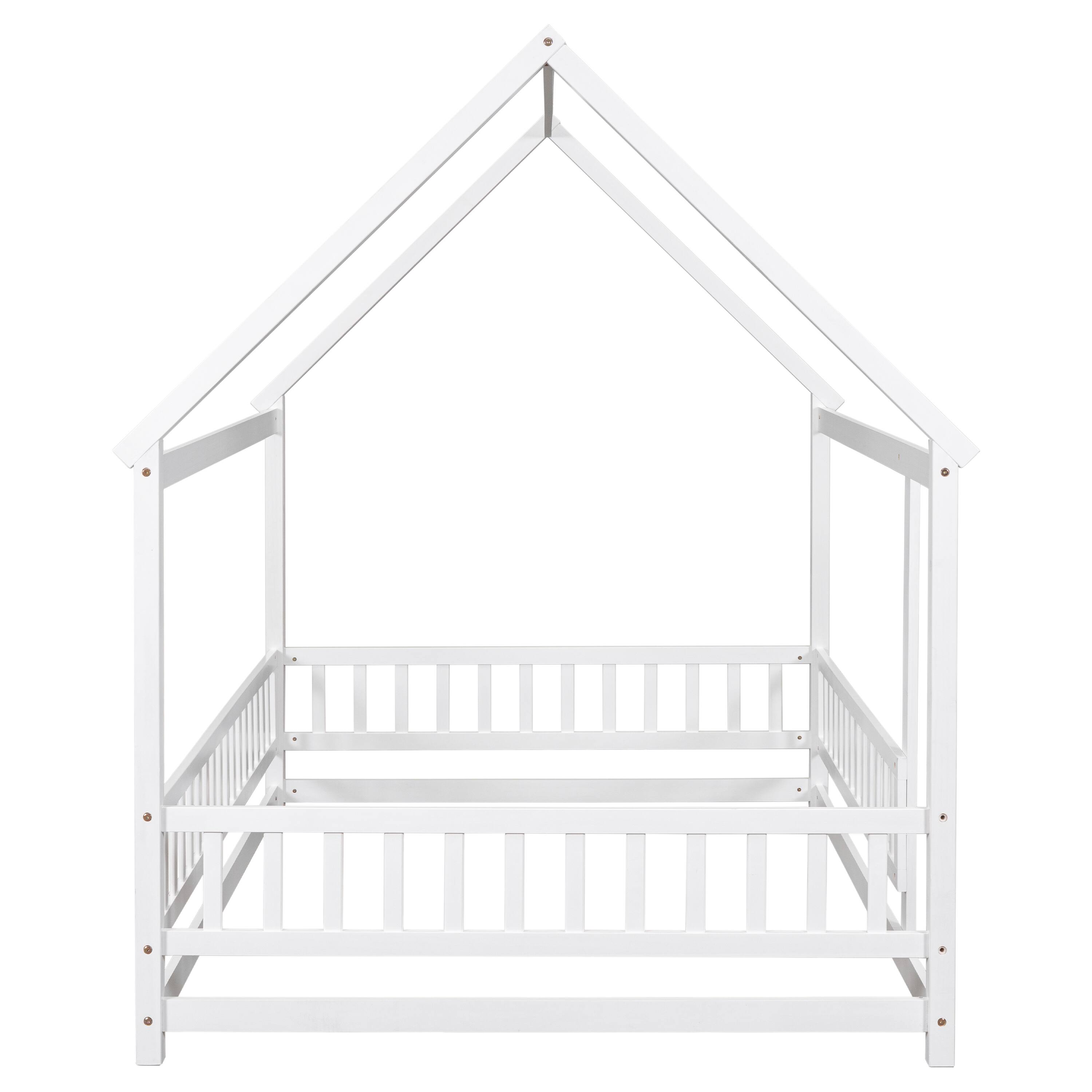 Alt View 5. Tiramisubest - Full Size Floor Wooden Bed with House Roof Frame, Fence Guardrails ,White(Old SKU:W50471475) - White.