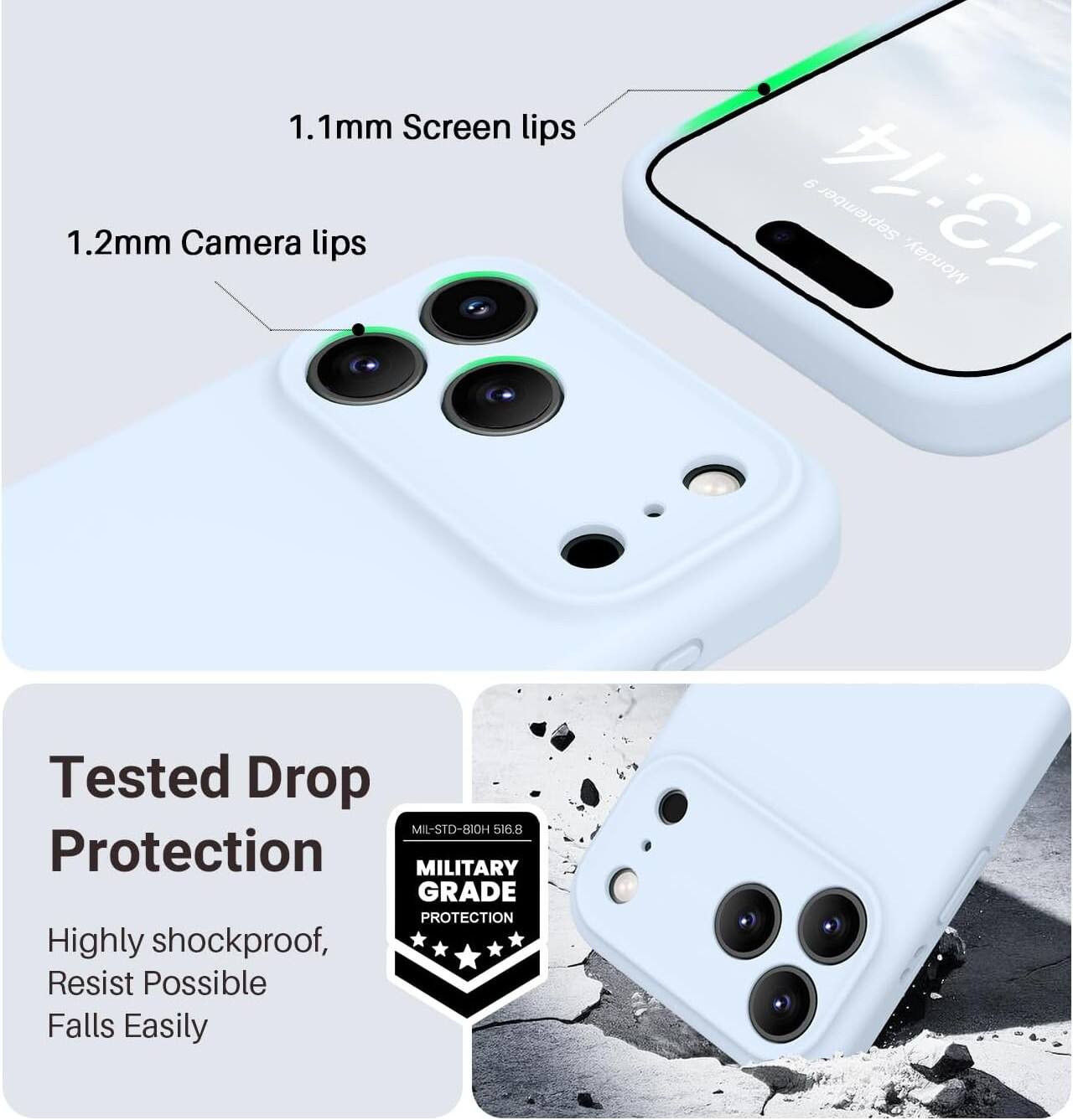 1.1mm Screen lips  
1.2mm Camera lips  

6 13:14 September Monday, Tested Drop  
MIL-STD-810H 516.8 Protection  
MILITARY GRADE PROTECTION  
Highly shockproof, Resist Possible Falls Easily