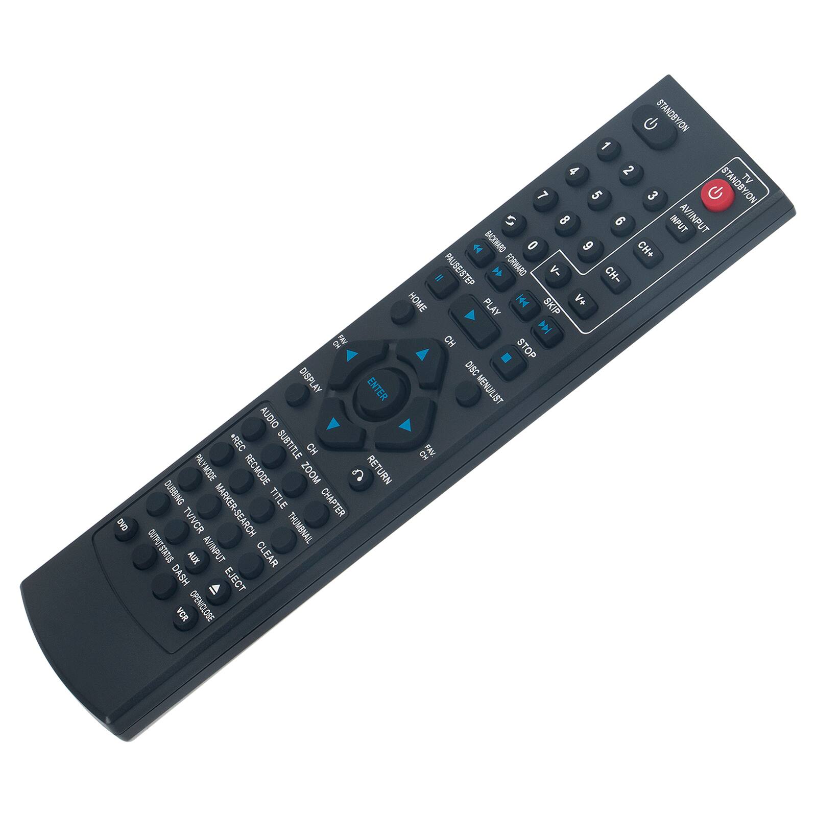 Sure, here is the corrected and grouped text from the image:

**Top Section:**
- DVD
- STANDBY/ON
- TV
- AVI INPUT
- CENOVE
- CH+
- CH-
- HOME
- PLAY
- PAUSE/STEP
- FORWARD
- REWIND
- STOP
- DISC
- DISPLAY
- ENTER
- MENU LIST
- AUDIO
- SUBTITLE
- CH
- FAV
- CH
- PLAY MODE
- REC MODE
- ZOOM
- RETURN
- DUBBING
- TITLE
- CHAPTER
- TV/VCR
- MARKER
- SEARCH
- THUMBNAIL
- OUTPUT STATUS
- AUX
- AVI INPUT
- CLEAR
- DASH
- EJECT
- VCR OPEN/LOSE

**Number Pad:**
- 1
- 2
- 3
- 4
- 5
- 6
- 7
- 8
- 9
- 0
- V+
- V-
- CH+
- CH-

**Middle Section:**
- REWIND
- RESUME
- FILE
- TITLE
- CHAPTER
- ZOOM
- RETURN
- DUBBING
- SUBTITLE
- CH
- FAV
- CH
- PLAY MODE
- REC MODE
- ZOOM
- RETURN
- DUBBING
- TITLE
- CHAPTER
- TV/VCR
- MARKER
- SEARCH
- THUMBNAIL
- OUTPUT STATUS
- AUX
- AVI INPUT
- CLEAR
- DASH
- EJECT
- VCR OPEN/LOSE

**Bottom Section:**
- DASH
- EJECT
- VCR OPEN/LOSE
- OUTPUT STATUS
- AUX
- AVI INPUT
- CLEAR
- DASH
- EJECT
- VCR OPEN/LOSE