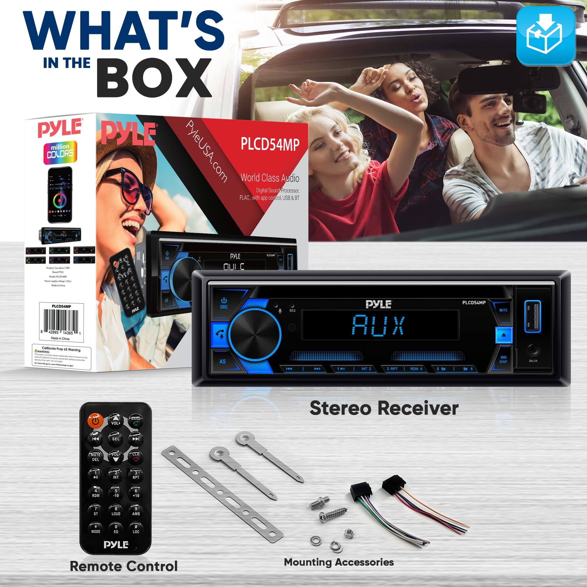 **WHAT'S IN THE BOX**

- PYLE Stereo Receiver
- Remote Control
- Mounting Accessories

**PYLE**
- PYLEUSA.com
- World Class Audio
- Digital Sound Processor
- FLAC, with app control, USB, SD, AUX, Bluetooth

**PLCD54MP**
- PYLE
- AUX

**Remote Control**

**Mounting Accessories**