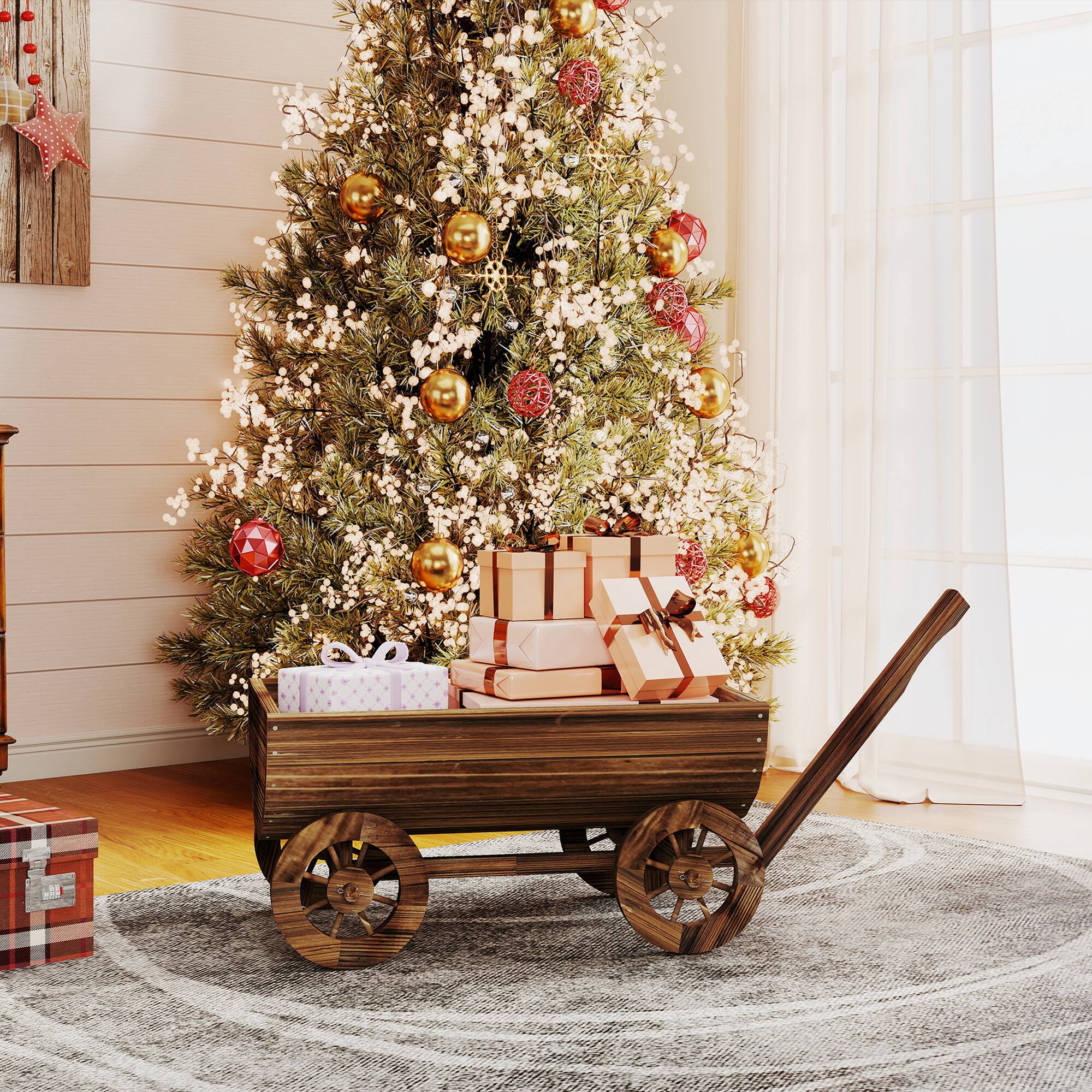 Alt View 8. Outsunny - Wooden Wagon Planter Box, Mobile Garden Planter with 4 Wheels and Handle.